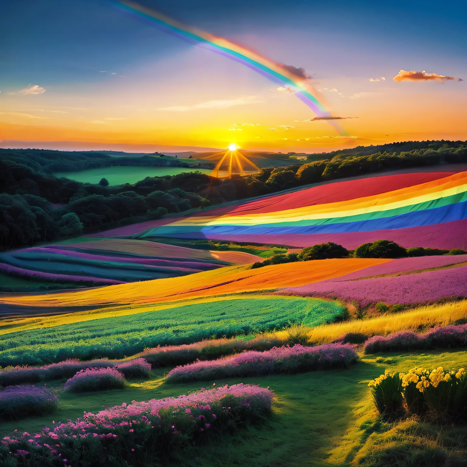 cottoncandy land, rainbow pastel colors, cottage, breathtaking fields, surreal, bathing in sun and shadows, sunset