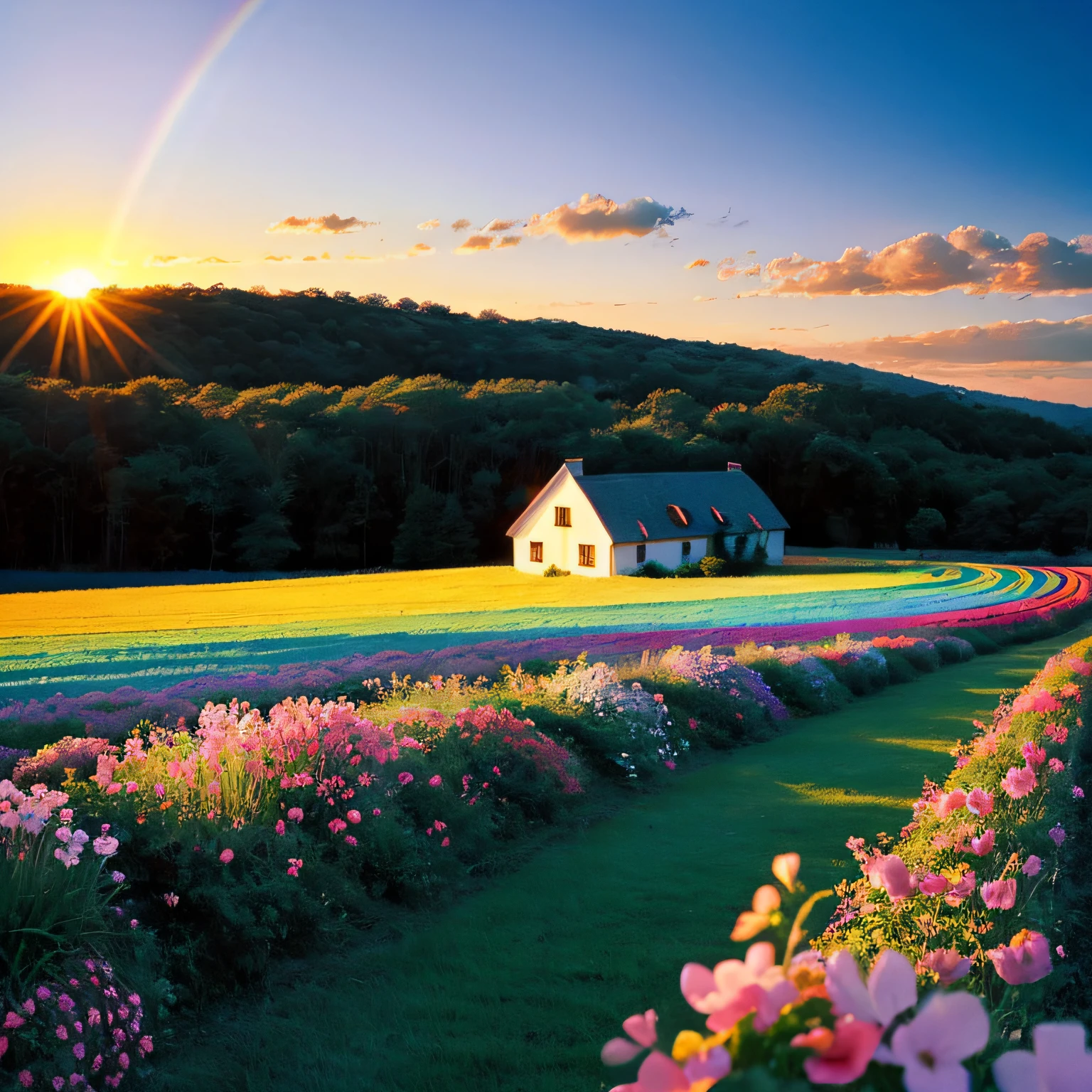 cottoncandy land, rainbow pastel colors, cottage, breathtaking fields, surreal, bathing in sun and shadows, sunset