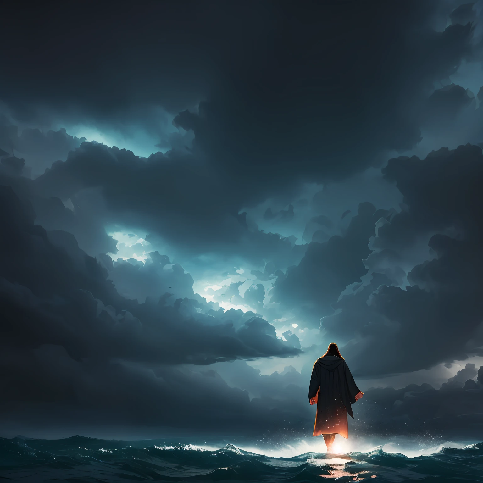 jesus walking on water in a storm, masterpiece, best quality, high quality, extremely detailed CG unit 8k wallpaper, award winning photography, Bokeh, Depth of Field, HDR, bloom, Chromatic aberration, photorealistic, extremely detailed, trending on artstation, trending on CGsociety, intricate, high detail, dramatic, mid-journey art, volumetric lighting --auto