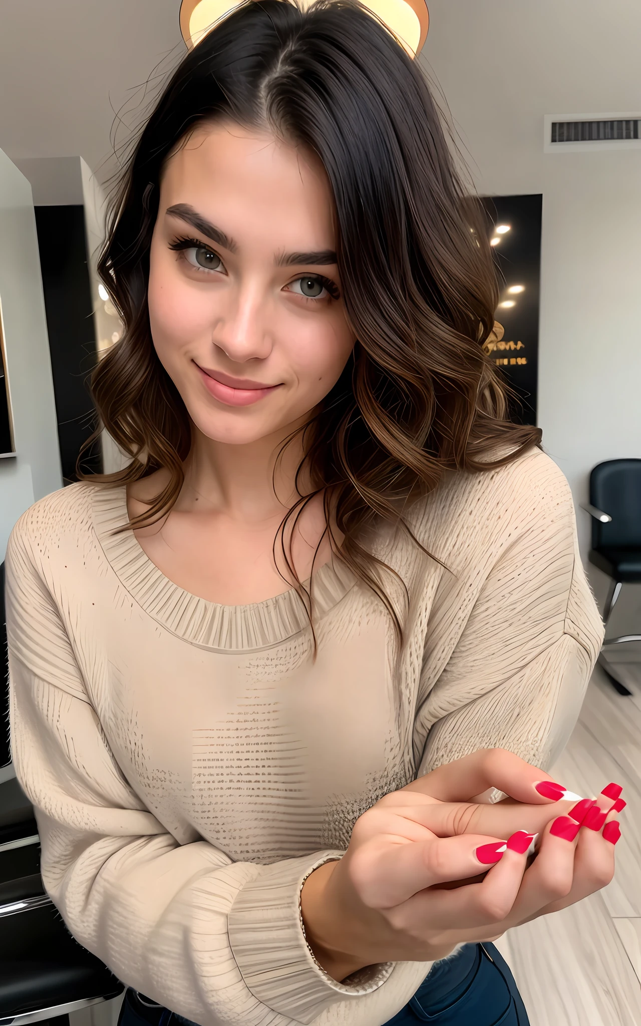 beautiful brunette wearing light beige sweater (taking care of nails in a modern beauty salon), very detailed, 21 years old, innocent face, natural wavy hair, blue eyes, high resolution, masterpiece, best quality, intricate details, highly detailed, sharp focus, detailed skin, realistic skin texture, texture, detailed eyes, professional, 4k, charming smile, shot on Canon, 85mm, shallow depth of field, kodak vision color, perfect fit body, extremely detailed, foto_\(ultra\), photorealistic, realistic, post-processing, maximum detail, roughness, real life, ultra realistic, photorealism, photography, 8k uhd, photography