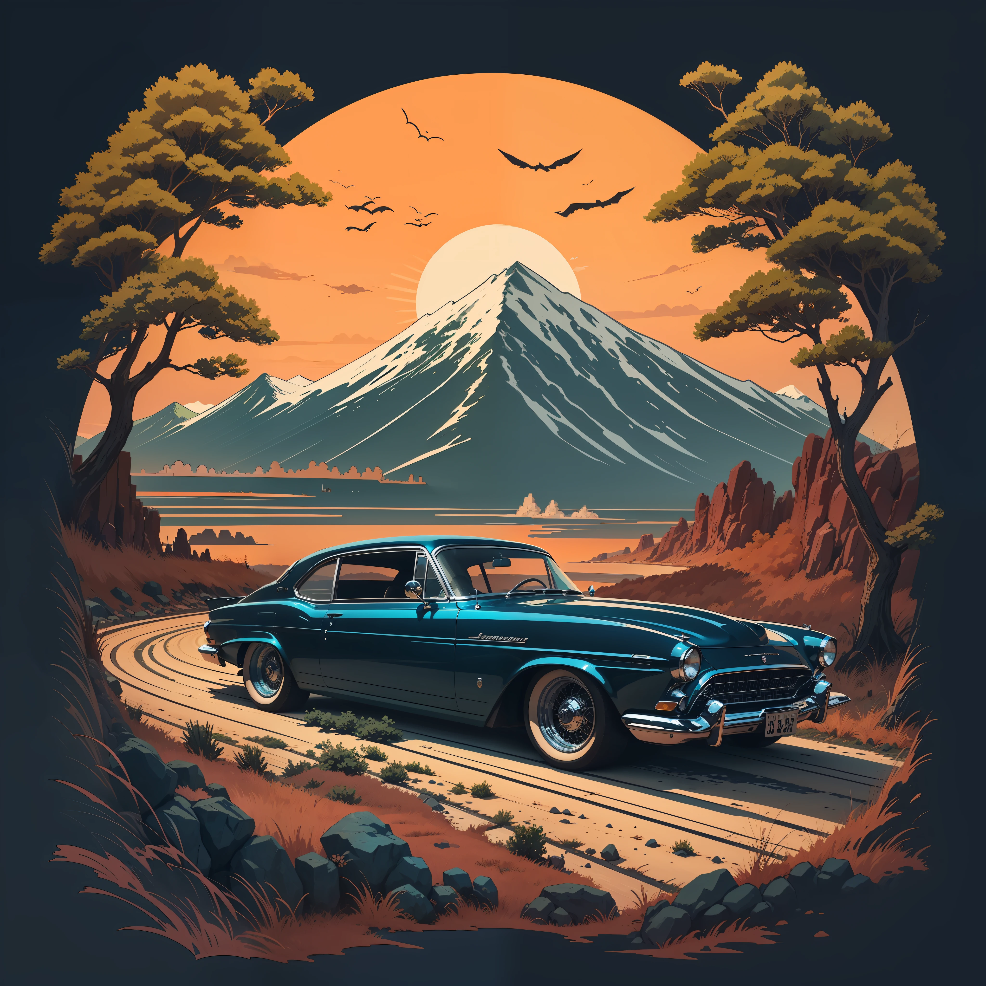 T-shirt design, genshin impact graphic, vector, a vintage car with a scenic landscape in the background, detailed illustration, and retro style