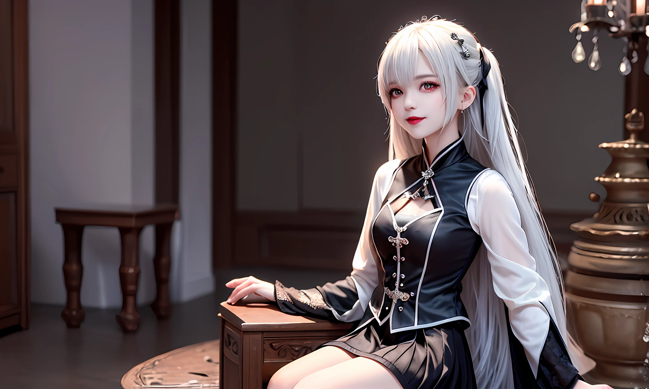 Master masterpiece, highest quality, extreme light and shadow, detailed depiction, depth of field, white hair, bangs, light skin, gothic skirt, noble, cute, red eyes, solo, overlook, sitting, blood, proud smile