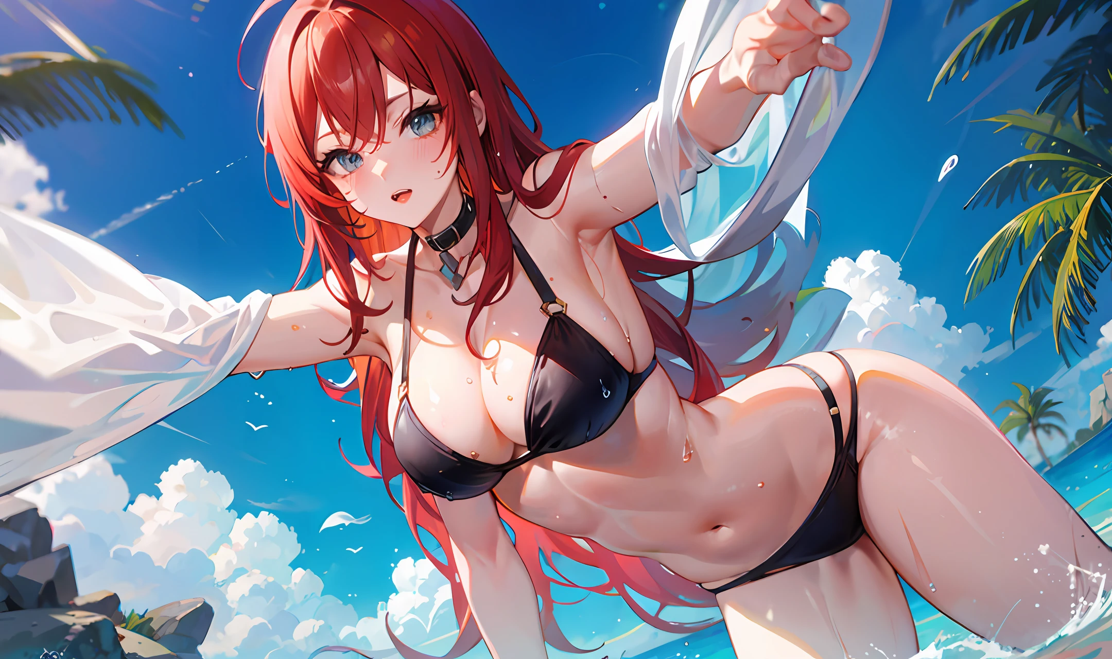 Anime character, bikini, wet, redhead, sexy pose