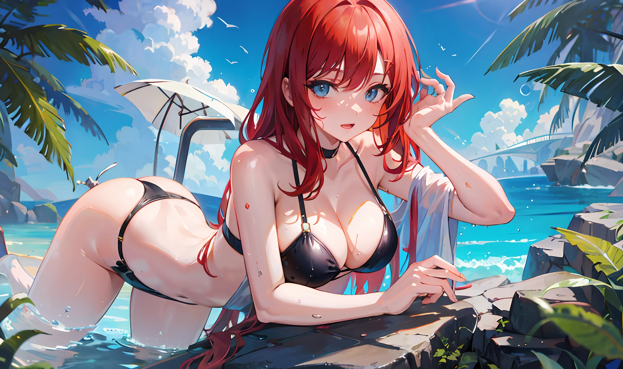 Anime character, bikini, wet, redhead, sexy pose
