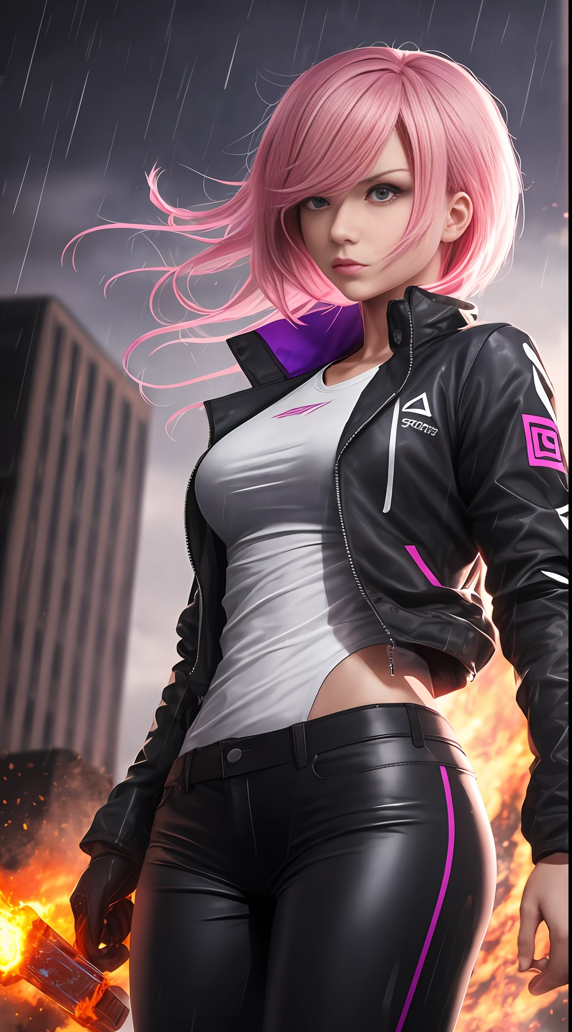 Rain, night, best quality, realistic, gloves, long sleeves, thighs, sport shoes, black jacket, white shirt, detachable pants, full body, perfect body, anime girl, 1girl, pink hair, angry, High resolution, medium breasts, short wavy hair, looking at the viewer, red eyes, bright eyes, half-open lips, solo, ((masterpiece)), action, explosions, purple fire, perfect lighting, side light, cinematic lighting,  Beautiful face, extremely detailed eyes