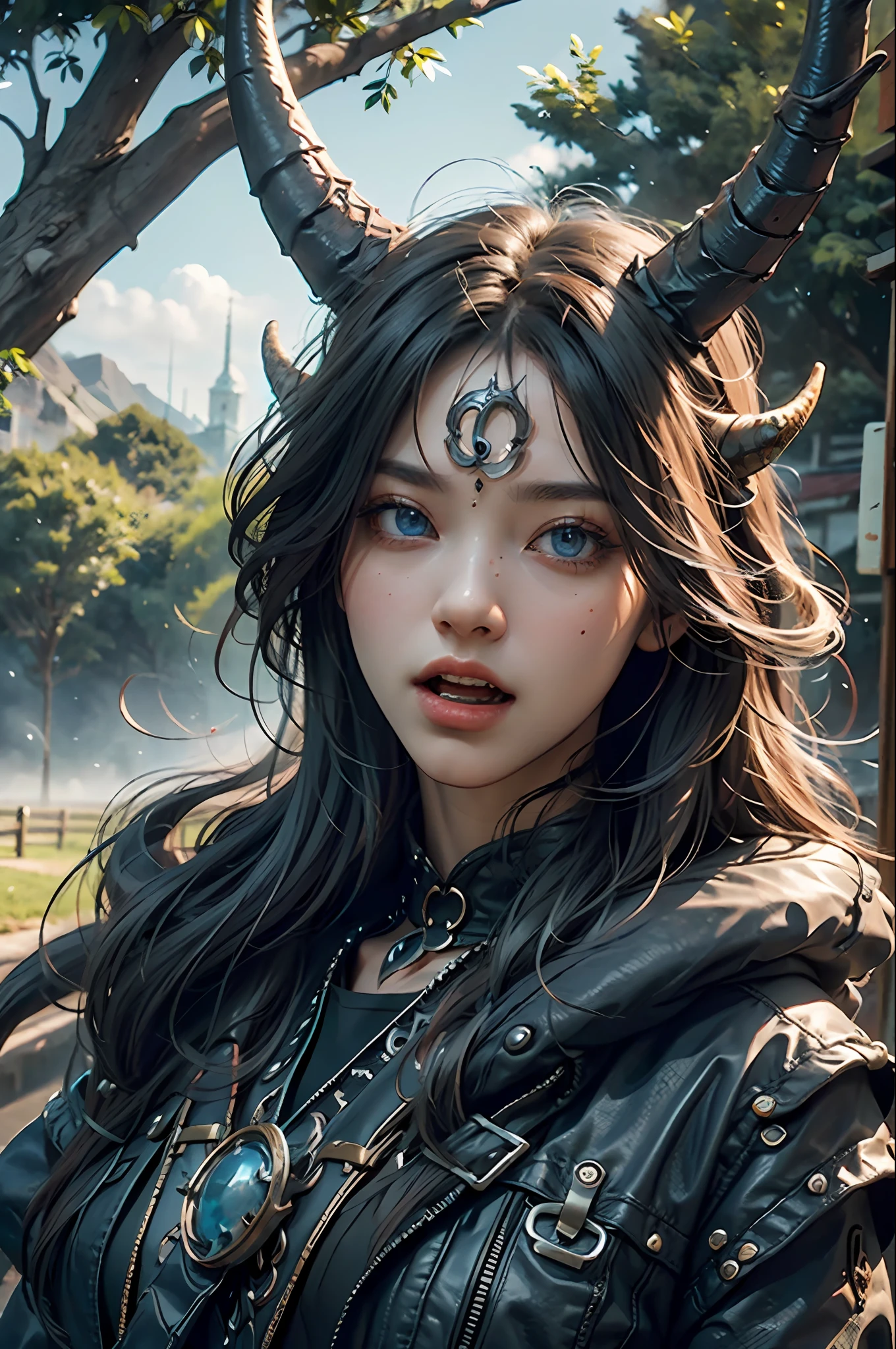 (8k, RAW photo, best quality, ultra detailed CG unity 8k wallpaper,masterpiece:1.2), a blue dragon, 3d, ultra beautiful detailed eyes, Precise blue iris depiction,ultra-detailed face,all body,
Best Quality, Masterpiece, Ultra High Resolution, Human, Tree, Teeth, Sharp Teeth, Blue Eyes, Clouds, Outdoor, 1 Other, Fantasy, Horns, Sky, Mist, Open Mouth, Monster, Landscape, Ultra-Detailed Beautiful Background Drawn by Professional Illustrator