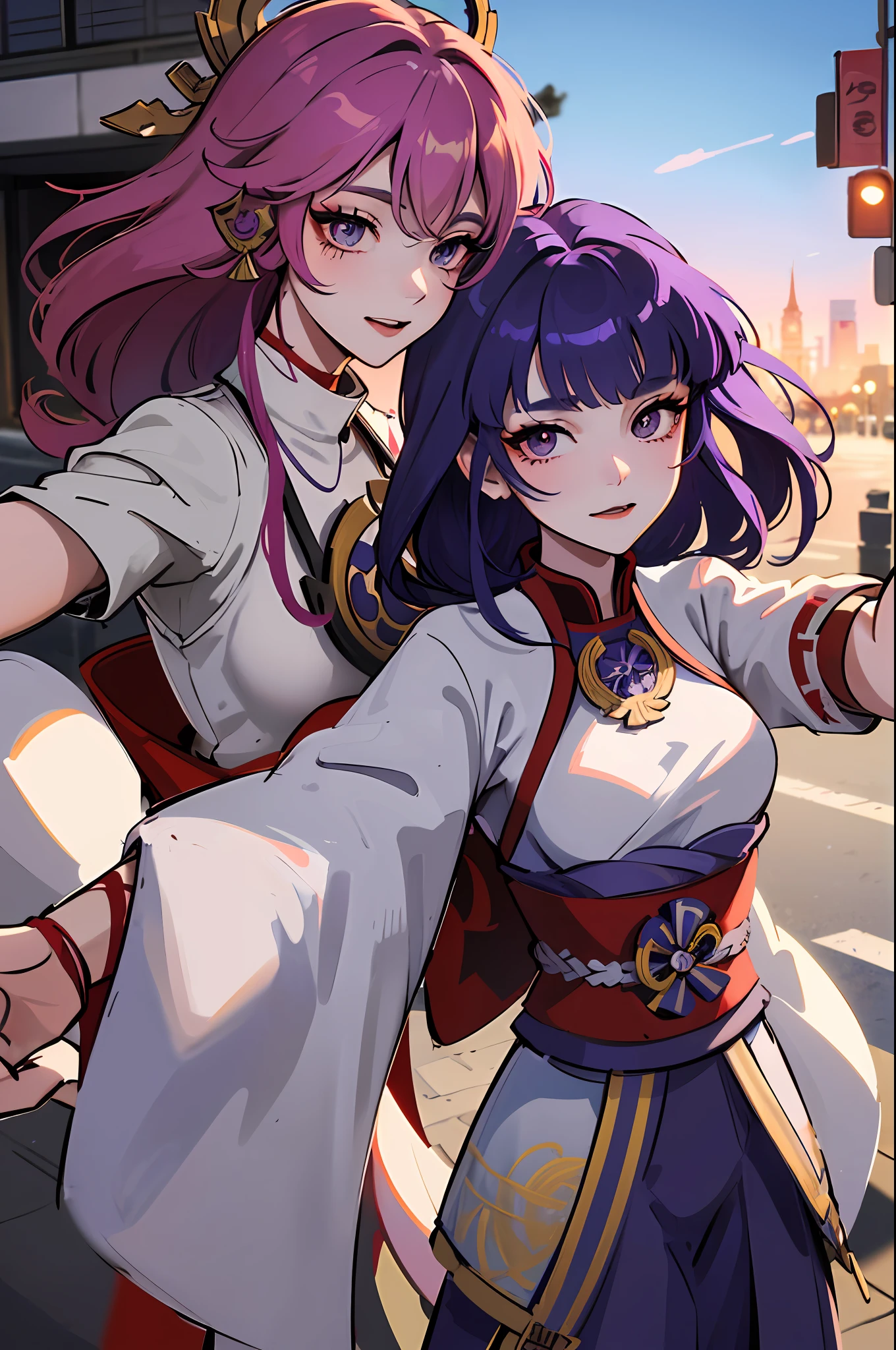 Best Quality, Masterpiece, Extremely Detailed, High Resolution, 4K, Ultra High Resolution, Detailed Shadows, Perfect Light and Shadow, Two Girls in Costumes Taking Selfies on the Street, Colorful Braids, Anime Role Play, Anime Style Mixed Fujifilm, Cute, Laugh, Yae Miko and Raiden Shougn