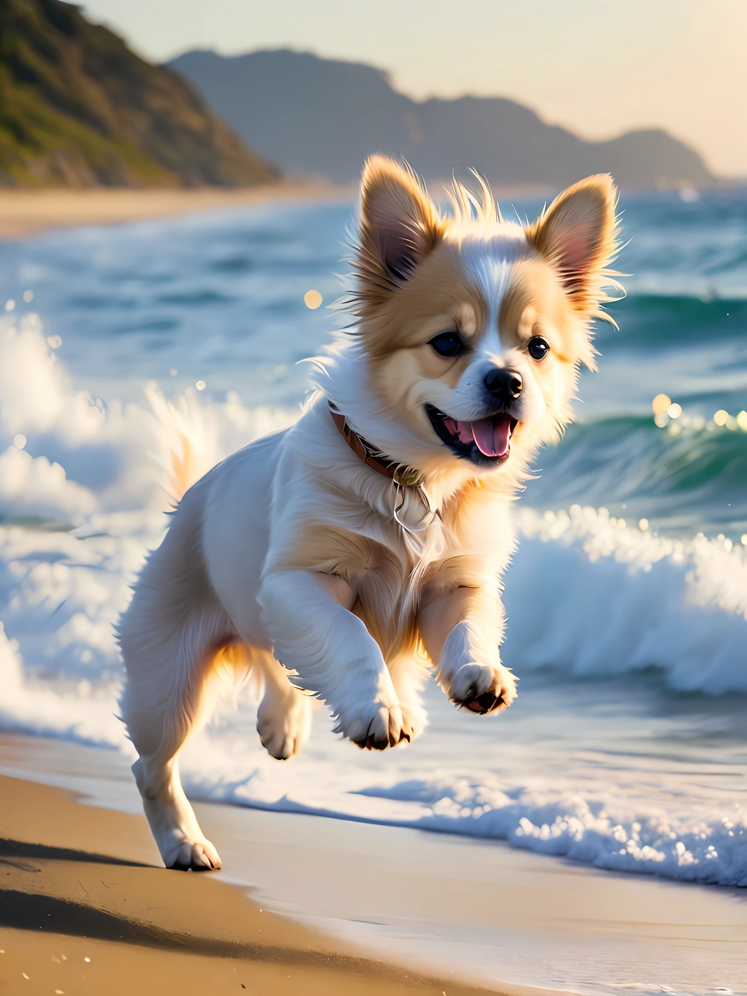 close-up photo of a puppy jumping very cute on the beach,sea as background, coastal zone, waves,soft volumetric lights (backlighting: 1.3), (kinematics: 1.2), intricate details (ArtStation: 1.3), Rutkowski