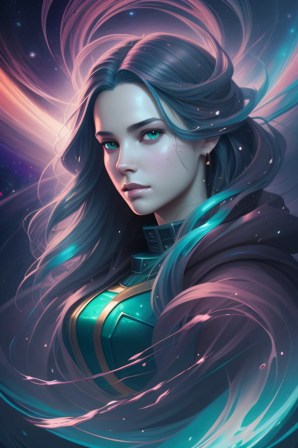 artwork by Alberto Seveso, Mystic pattern Beautiful girl long blue hair ohos emerald green in the space nebula, water paint, ink, cosmic space background, texture by Alberto Seveso, loose painting style, intricate details, cinematic lighting, octane rendering, 8K rendering, volumetric lighting, cosmos, deep outer space, professional sinister concept art, by Artgerm and Greg Rutkowski, A complex, elegant and highly detailed digital painting, concept art, sharp soft focus, illustration, cinematography, hyper-detailed, super realistic, in the style of Simon Stalenhag, Wayne Barlowe and Igor Kieryluk