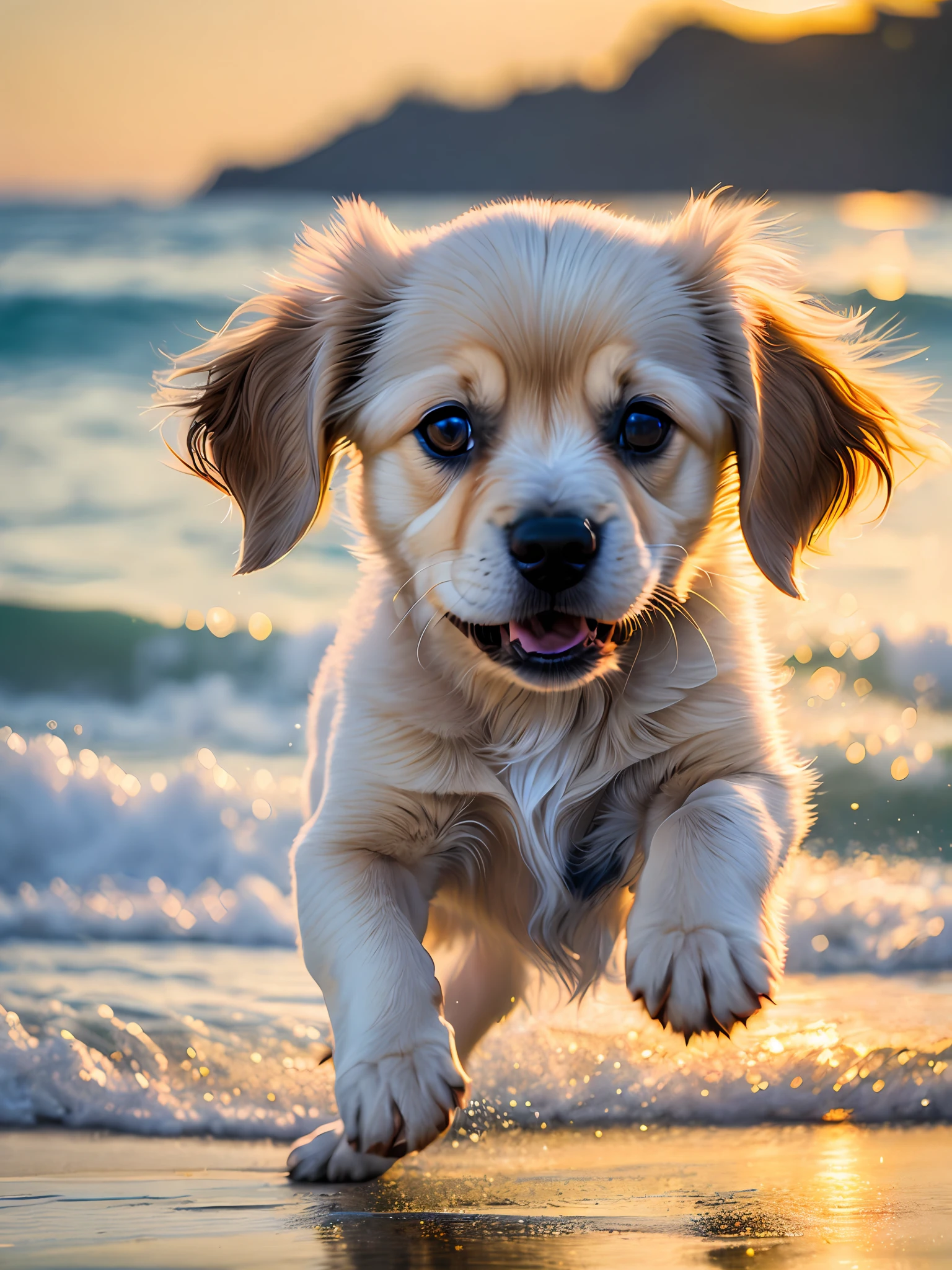 close-up photo of a puppy jumping very cute on the beach,sea as background, coastal zone, waves,soft volumetric lights (backlighting: 1.3), (kinematics: 1.2), intricate details (ArtStation: 1.3), Rutkowski