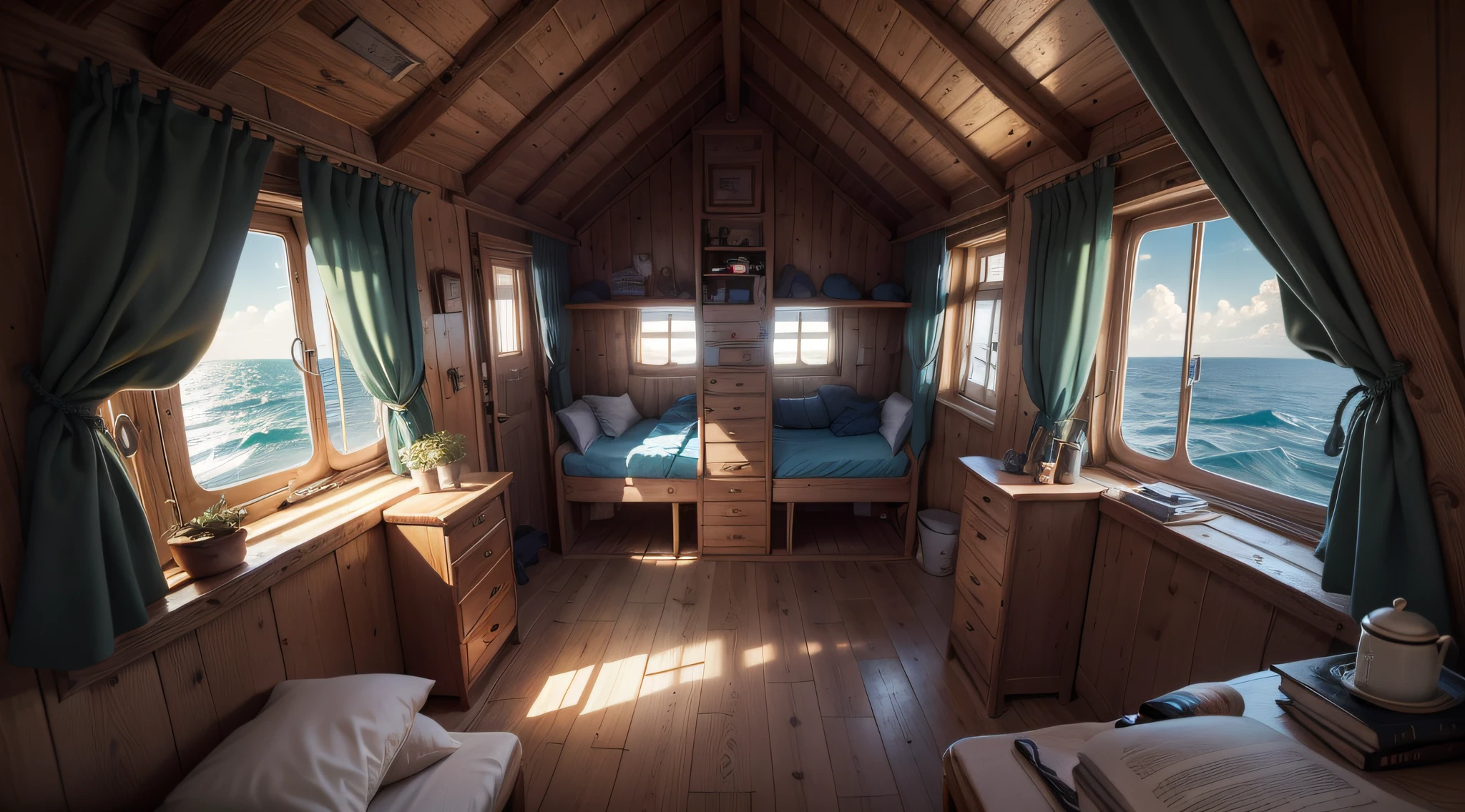 "Medieval ship cabin with hammocks and sleeping bunks, window showing the high seas."