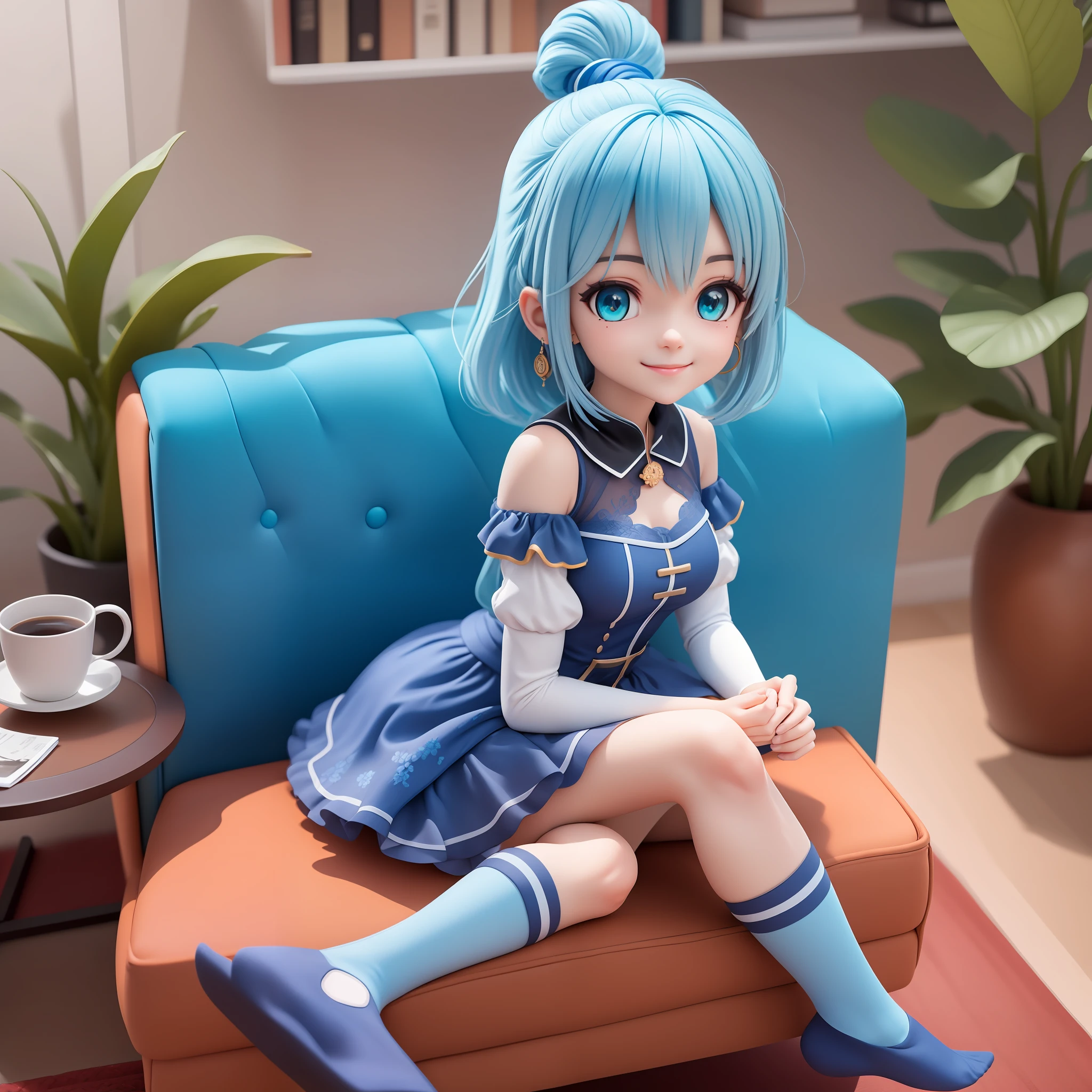 (work-before),(best quality),(Ultra-detailed), (full body: 1.2), 1girl(aqua_Konosuba), chibi,cute, smile, light blue long haircut, blue eyes, earring, blue shirt, blue skirt, lace socks, (sitting on the red couch), seductive posture, smile, An elegant black coffee table sits in front of the sofa and some decorative items are placed on the shelves, (beautiful and detailed face), (beautiful detailed eyes),