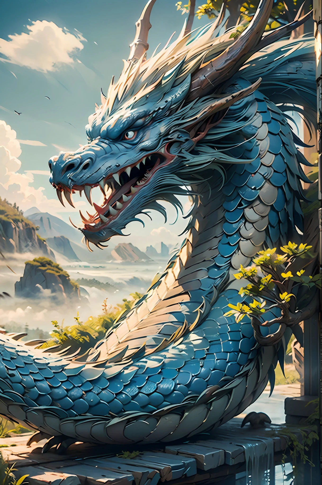 (8k, RAW photo, best quality, ultra detailed CG unity 8k wallpaper,masterpiece:1.2), a blue dragon, 3d, ultra beautiful detailed eyes, Precise blue iris depiction,ultra-detailed face,
Best Quality, Masterpiece, Ultra High Resolution, Human, Tree, Teeth, Sharp Teeth, Blue Eyes, Clouds, Outdoor, 1 Other, Fantasy, Horns, Sky, Mist, Open Mouth, Monster, Landscape, Ultra-Detailed Beautiful Background Drawn by Professional Illustrator