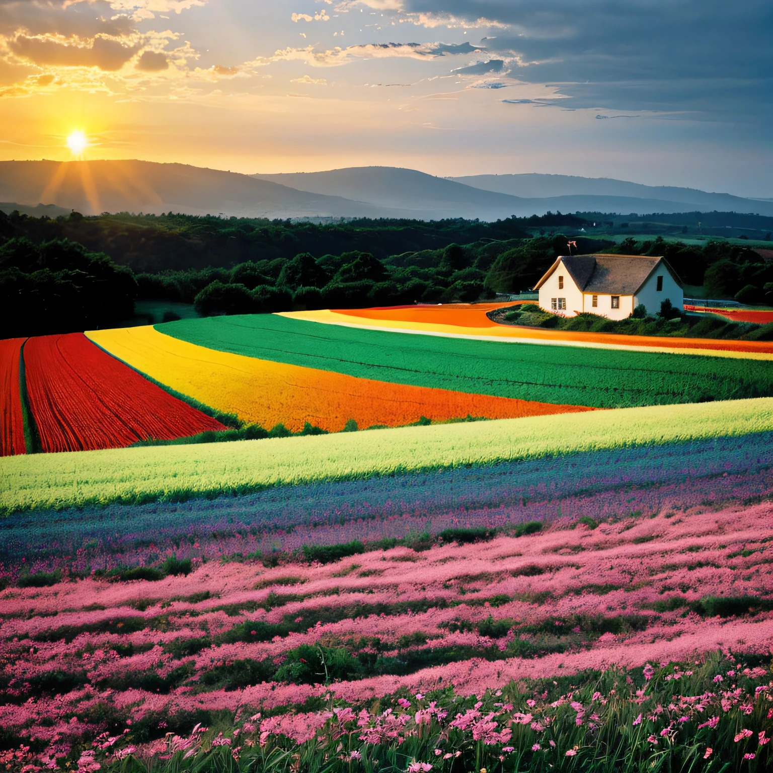 cottoncandy fields, rainbow fields, pastel light, cottage, breathtaking fields, surreal, bathing in sun and shadows, sunset