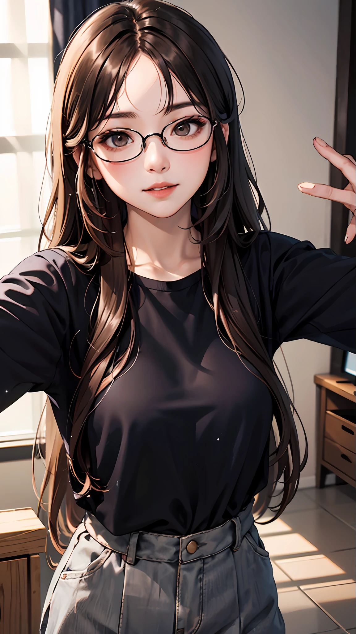 there is a woman with long hair, 22 years old, 8k selfie photography, long hair, front photo, light brown eyes, eyeglasses, detailed, splash colors