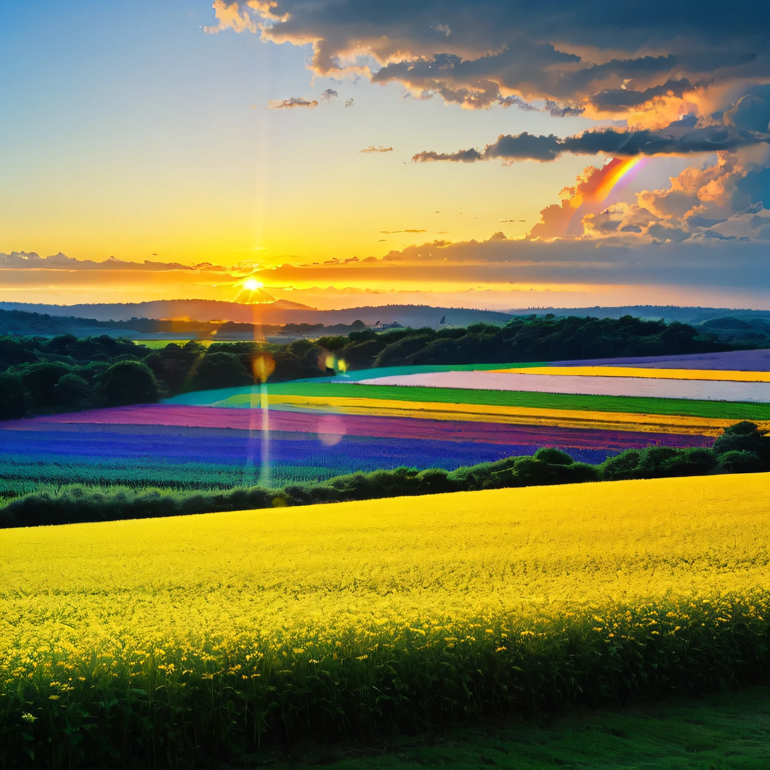 cottoncandy fields, rainbow fields, pastel light, cottage, breathtaking fields, surreal, bathing in sun and shadows, sunset