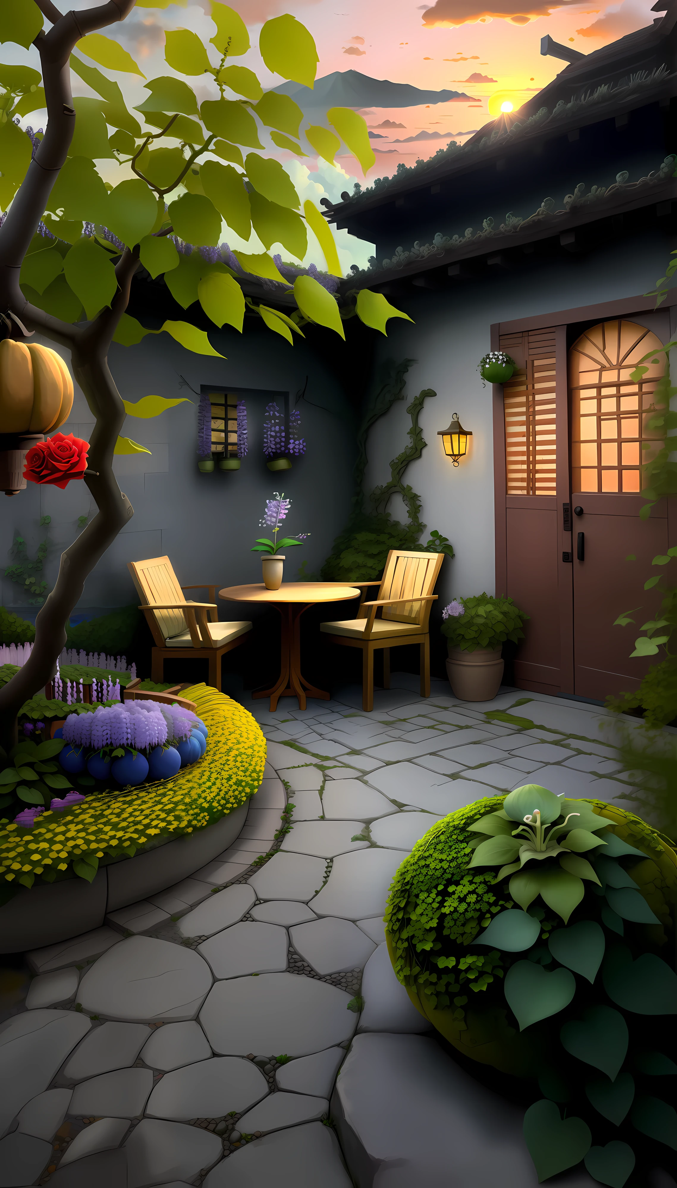 Seaside, small courtyard, railing, round table, stool, pillow, coffee, bouquet of flowers, green plants, trees, sea, ancient buildings, sofa, sun, clouds, sunset, sunset, wide angle lens, mountains, paradise, round flowers, round flowers, boxwood balls, creeper, , fragrant vine, wisteria, cannon flowers, , lingxiao, gourd, mountain turtle, ivy, rose, vine season clematis windmill jasmine triangle plum ball orchid