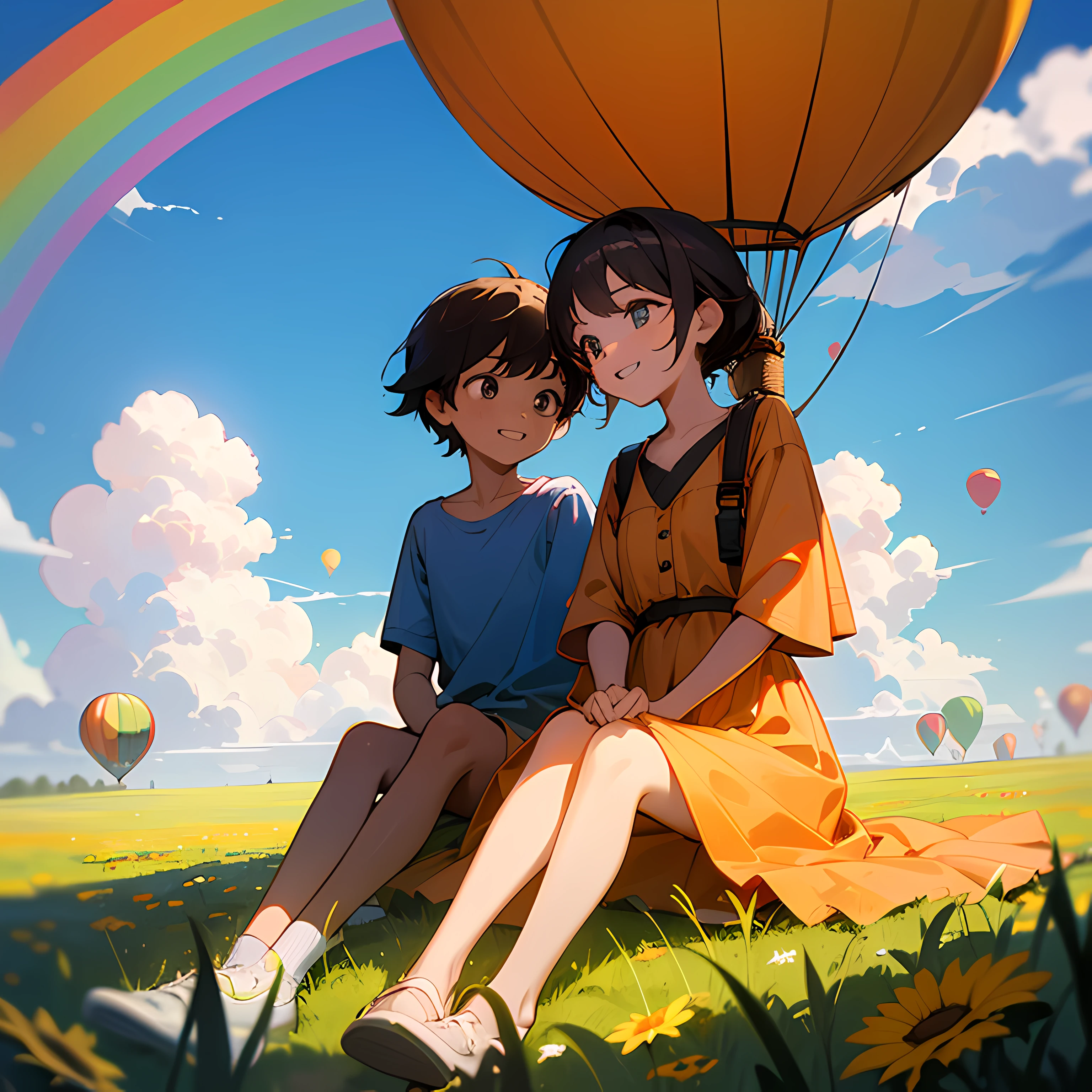 (Masterpiece, best ultra HD quality) Two children sitting in a hot air balloon flying in the sky, smiling, fine facial features, sun, clear blue sky and white clouds, rainbow, meadow, summer - ultra HD quality --auto