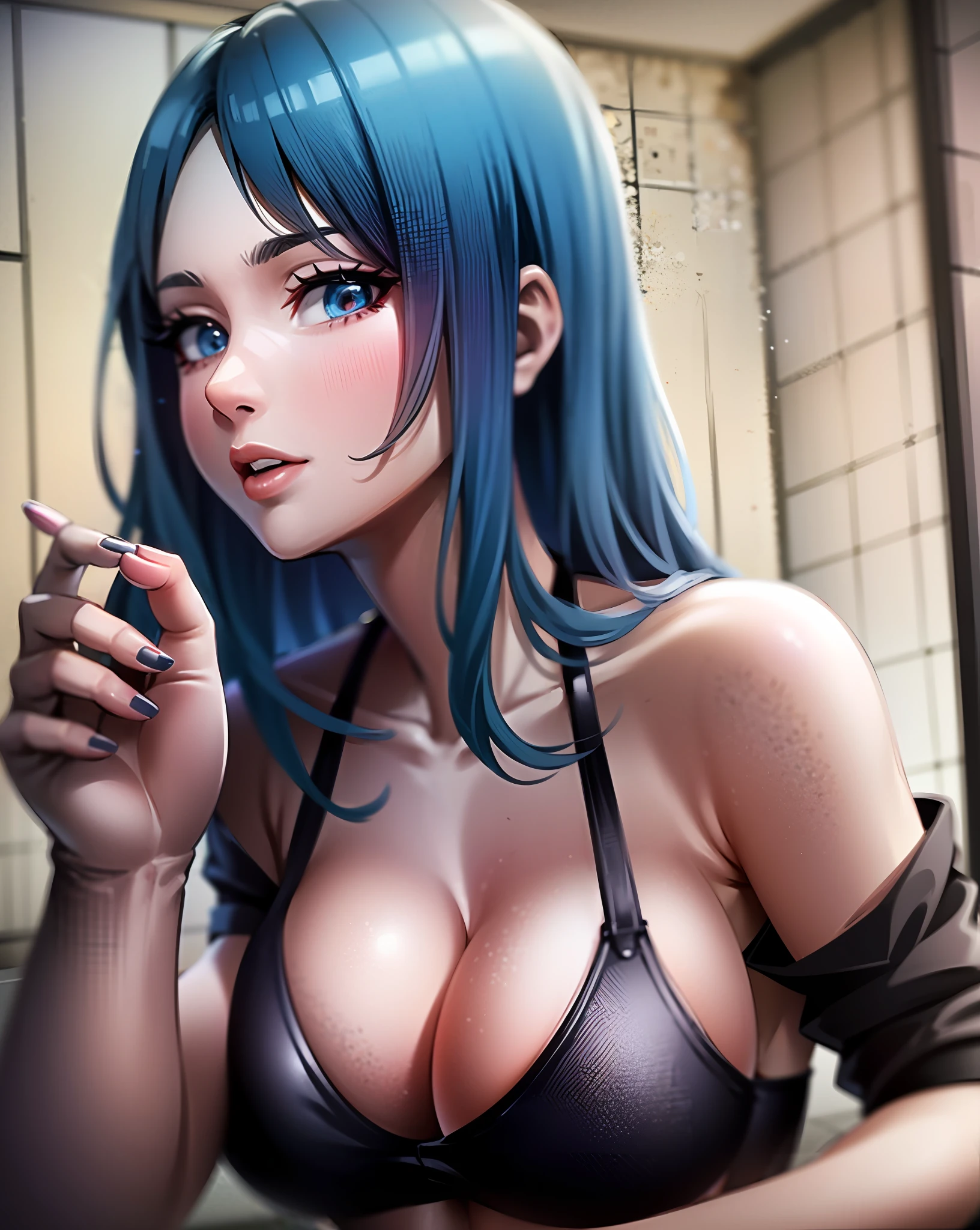 anime,  BEAUTIFUL female, blue hair, big breast, sexy, sensual, in a black white stripes prison jumpsuit, in a prison, prisoner, behind bars, comic style, cyberpunk, 4k, high resolution, highly detailed, highly detailed face, 3/4 body portrait, slim body, intricate details, highly detailed
