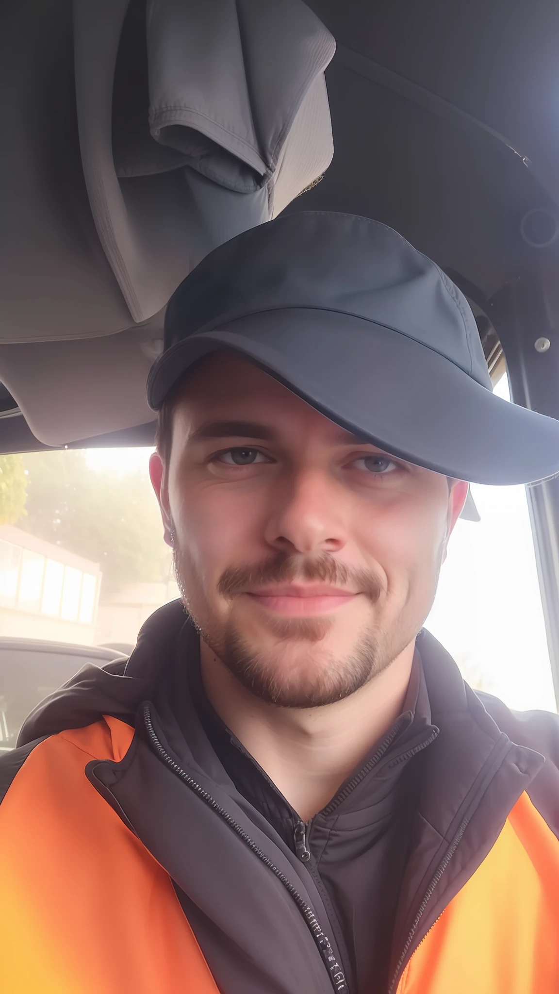 there is a man wearing a hat and an orange jacket, 8k selfie photograph, real detailed face, detailed unblurred face, headshot profile picture, sweaty face, staring directly into camera, rugged face, taken in the early 2020s, 3 , very very low quality picture, selfie of a man, chilled out smirk on face