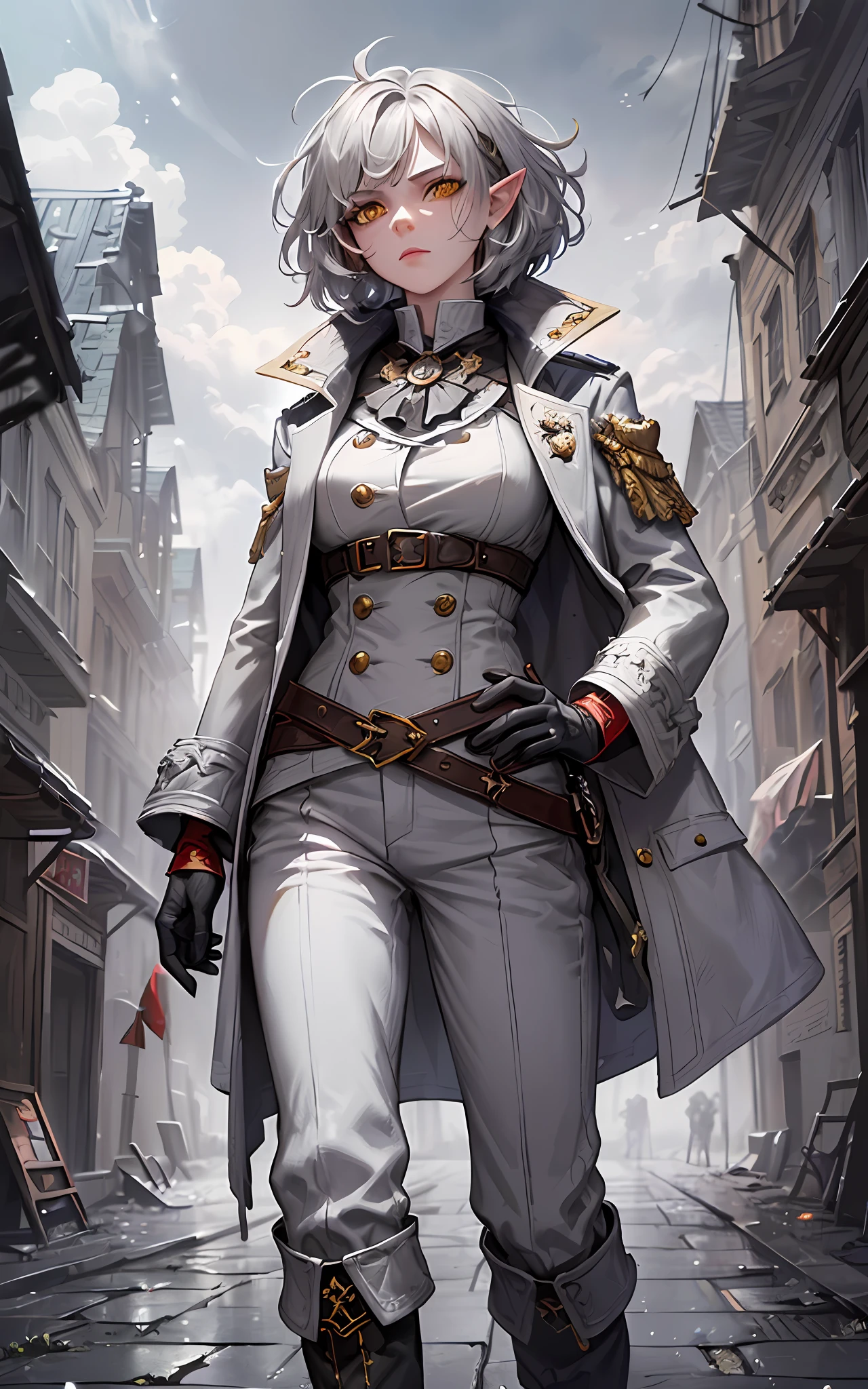 (full body shot:1.3),(((masterpiece))), (((best quality))), ((ultra-detailed)), (cinematic lighting), (illustration), (beautiful detailed eyes), (1girl), depth of field, (((masterpiece, high quality, highres, 1girl,detailed background, detailed eyes, good eyes, serious, fog, pose, magic aura, good anatomy, dreamy))), girl, (elf ears, young, cute face, looking away, skinny, thin:1.2), (arcane circle:1.3),thin, fragile, straight hair, messy hair, (windy hair:1.3), kingsglaive garb, (white with red accents coat, victorian coat, assasin coat, military coat, pants, boots), adventurer clothes,glowing eyes, (grey hair:1.3), (bob cut:1.2), (yellow eyes), glow white particles,medieval ruins background