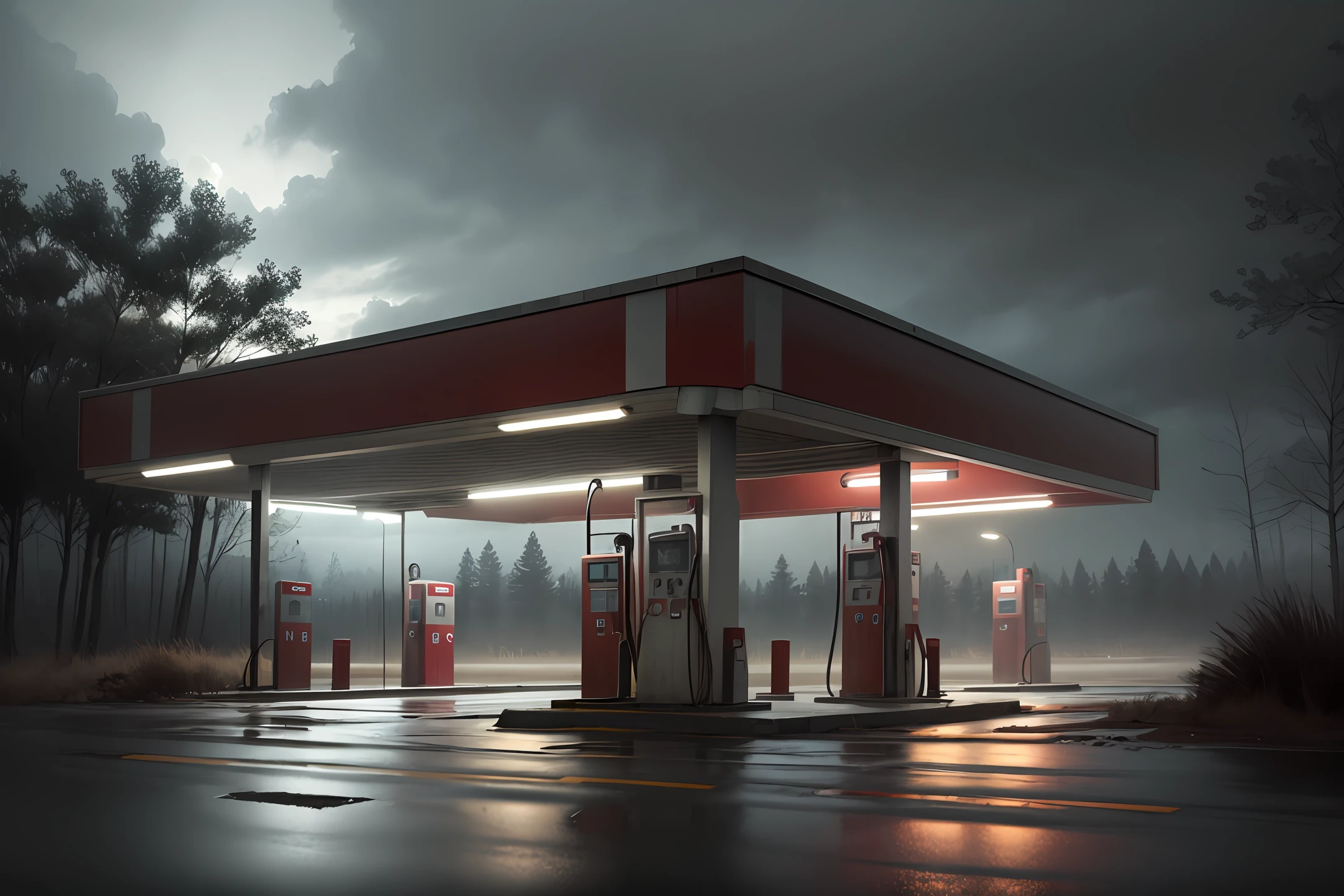 (Ultra realistic) Highway gas station on deserted rainy night, full of tall brush covering the station in a ghoulish horror survival theme.