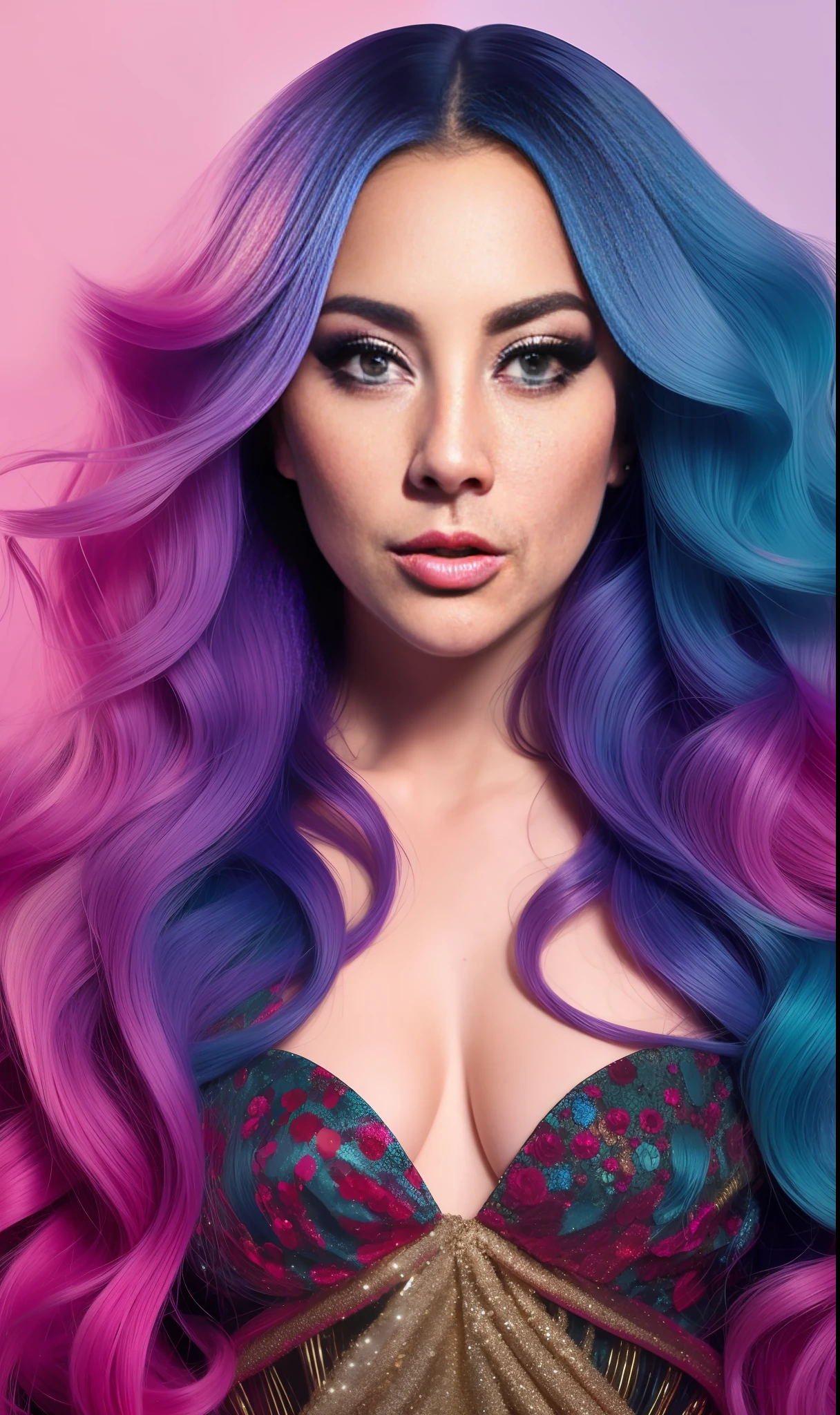 Photo of lady gaga dressed with mermaid nogr print,4K texture, long hair, high quality, extravagant hairstyle, original album cover, 8k image, futuristic, high image quality, at night, hair accessories, 8k image, realistic face in high quality, full body, different body poses, high quality face, defined features,HD