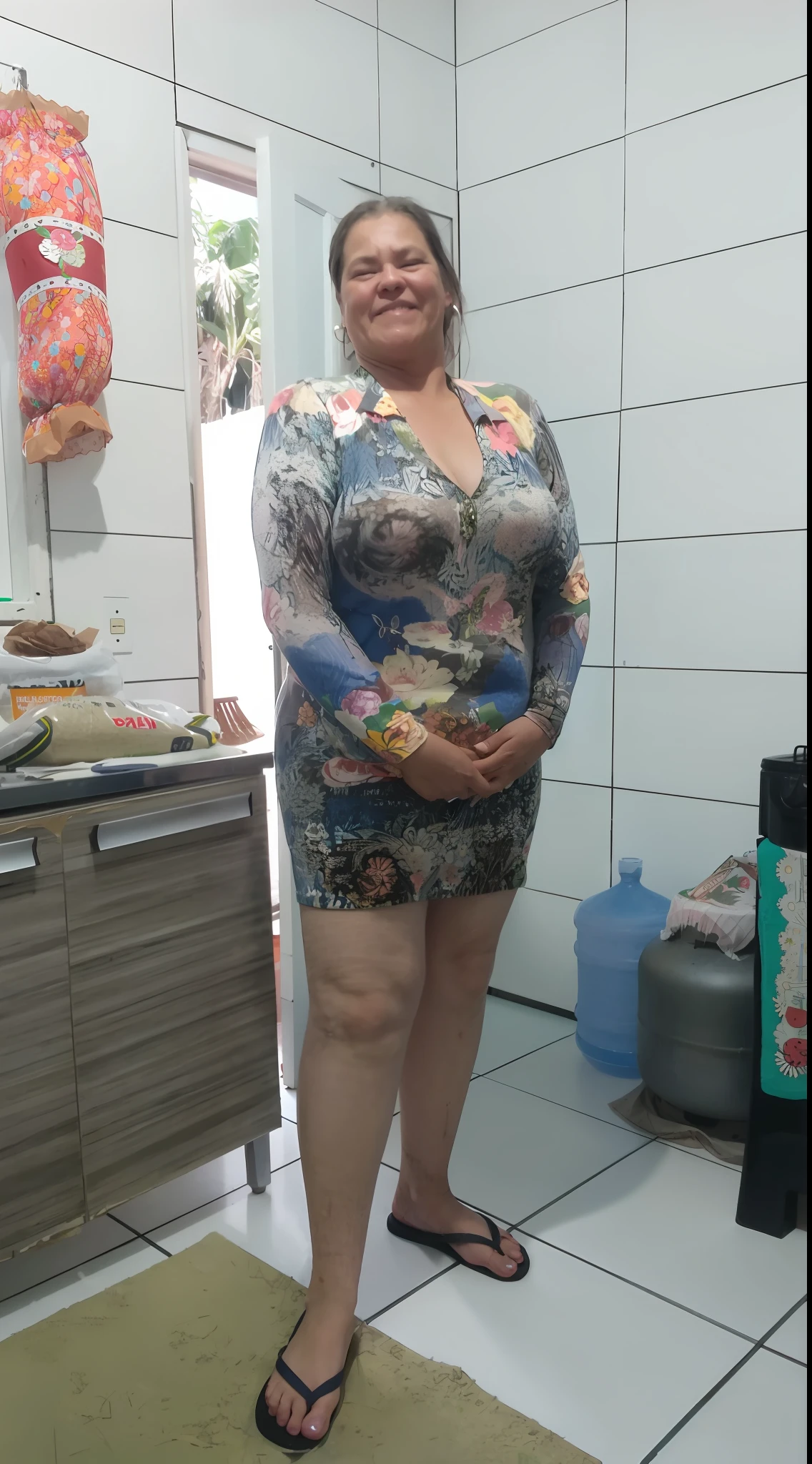 there is a woman standing in a kitchen with a large belly, she is about 50 years old, 3 5 year brazilian mother, she is about 6 0 years old, she is about 7 0 years old, she is about 40 years old, she is about 4 0 years old, 3 0 years woman, looks like fabiula nascimento