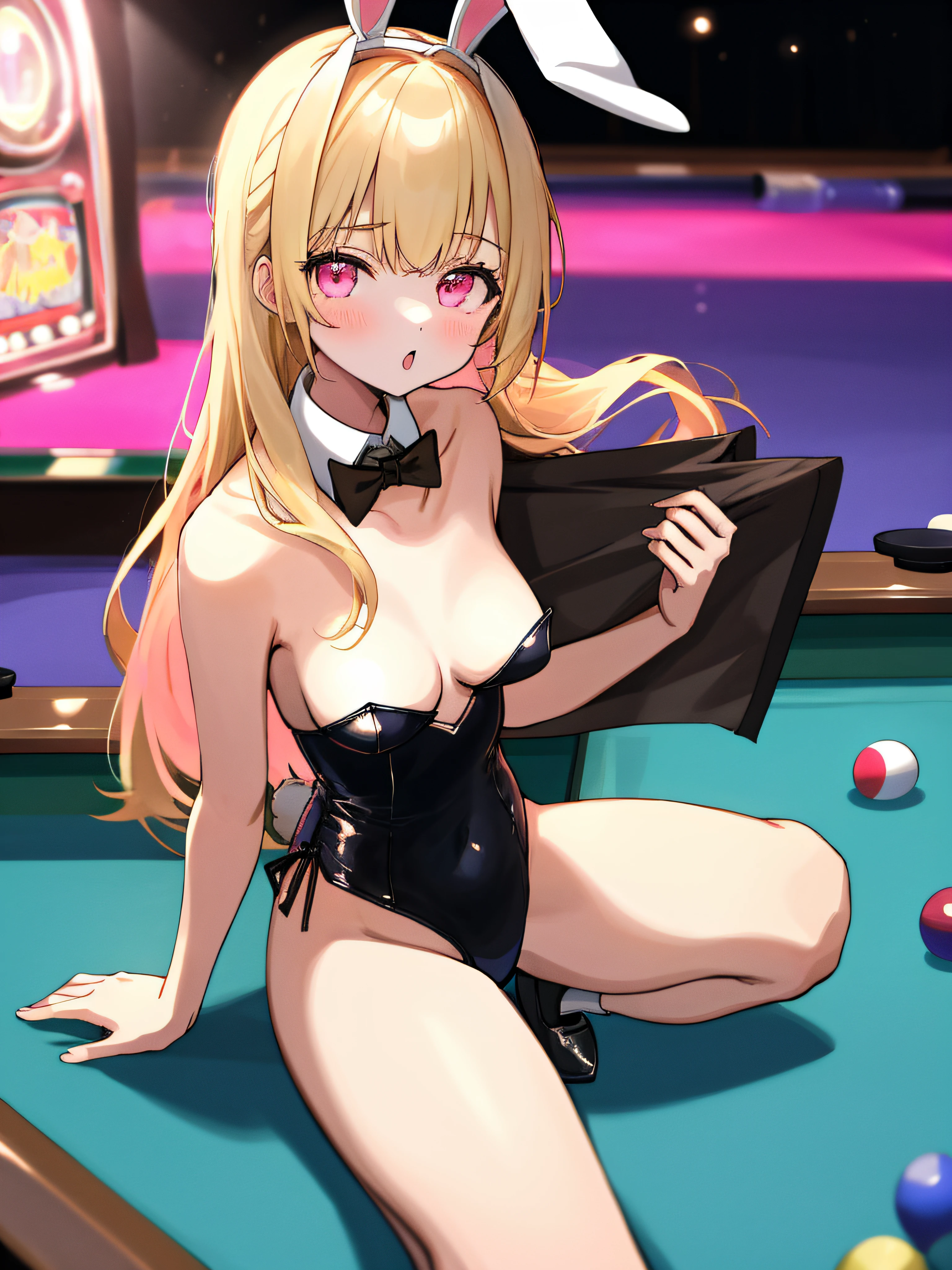 (masterpiece, best quality, absurdres), 1girl, solo, solofocus, blonde hair, long hair pink eyes, small to medium breasts, teenager, closeup, indoors, night, pool table, playboy bunny, black bunny outfit, gold bowtie, whte collar, neon lights, slot machines