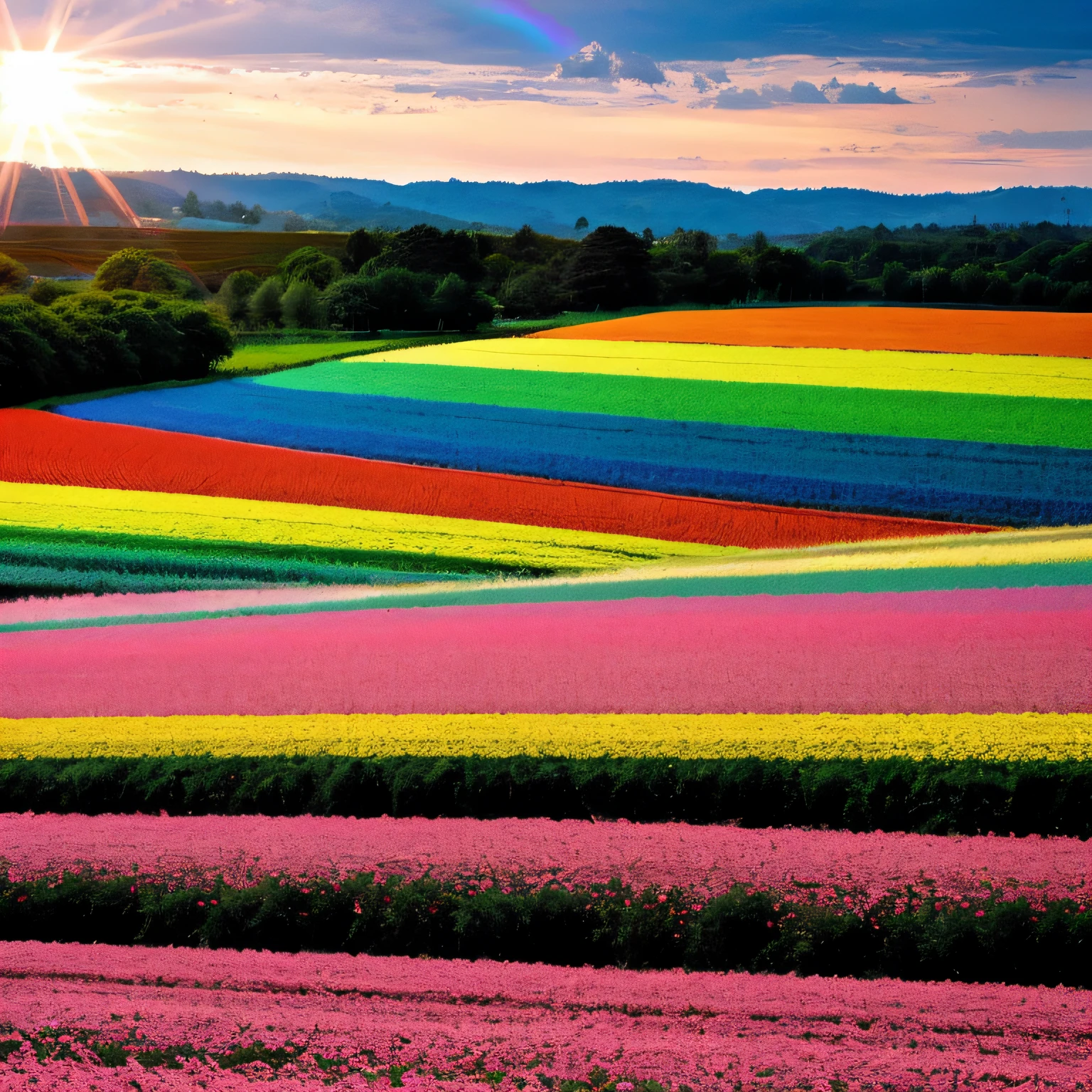 cottoncandy fields, rainbow fields, pastel light, breathtaking, sunlit evening