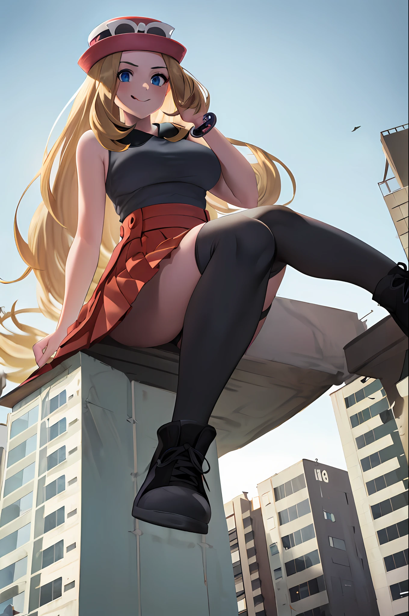 masterpiece, best quality, highres, blue eyes, serena \(pokemon\), 1girl, solo, thighhighs, long hair, hat, jewelry, bracelet, (black thighhighs:1.2), collared shirt, pleated skirt, red skirt, sleeveless, high-waist skirt, sleeveless shirt, eyelashes, pink headwear, black shirt, eyewear on headwear, (full body:1.5), giantess, smile, (from below:2), (thick thighs:1.4), looking down at viewer, upskirt, character_pokemon_serena, gts, (large breasts:1.6), field, (looming:1.3), mature female, high quality, hd quality, masterpiece, photorealistic, stepping, shoe soles, close-up foot, intense angle, :), (Sitting on Building:1.6), very low angle, female pervert, toragao, licking lips, licking own lips, smile, (sitting:2), knee up, GTScity, giantess, city, buildings, perfect hand, black panties, tongue out, :p, closed mouth, grabbing own chest, groping self, groping, nipple outline,