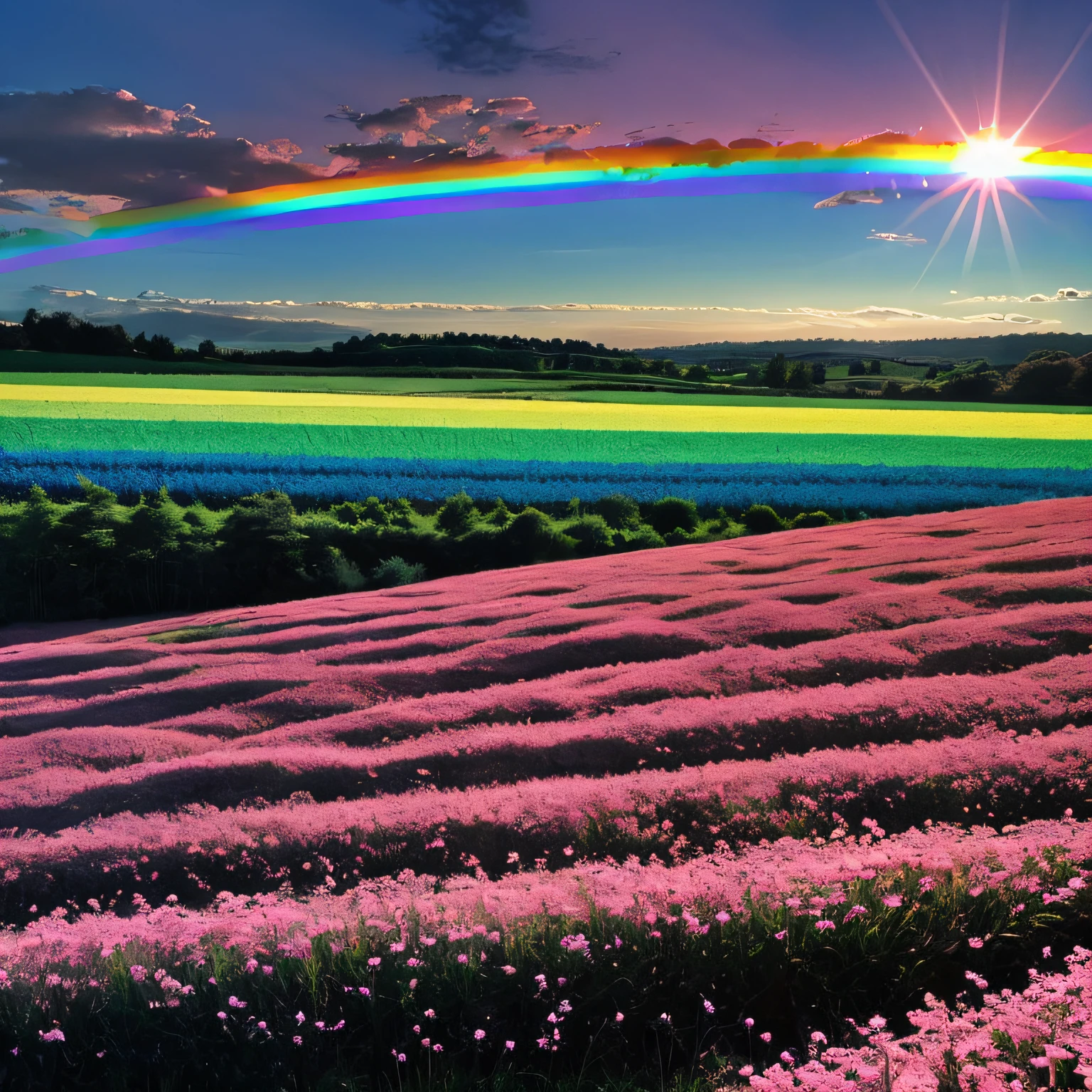 cottoncandy fields, rainbow fields, pastel light, breathtaking, sunlit evening