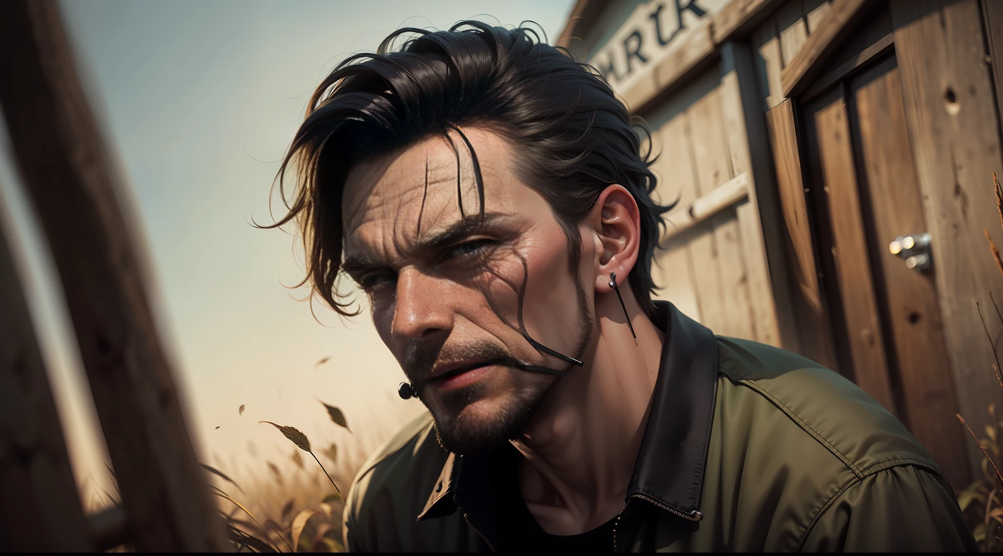 Man on farm with the scare squeeze on his face