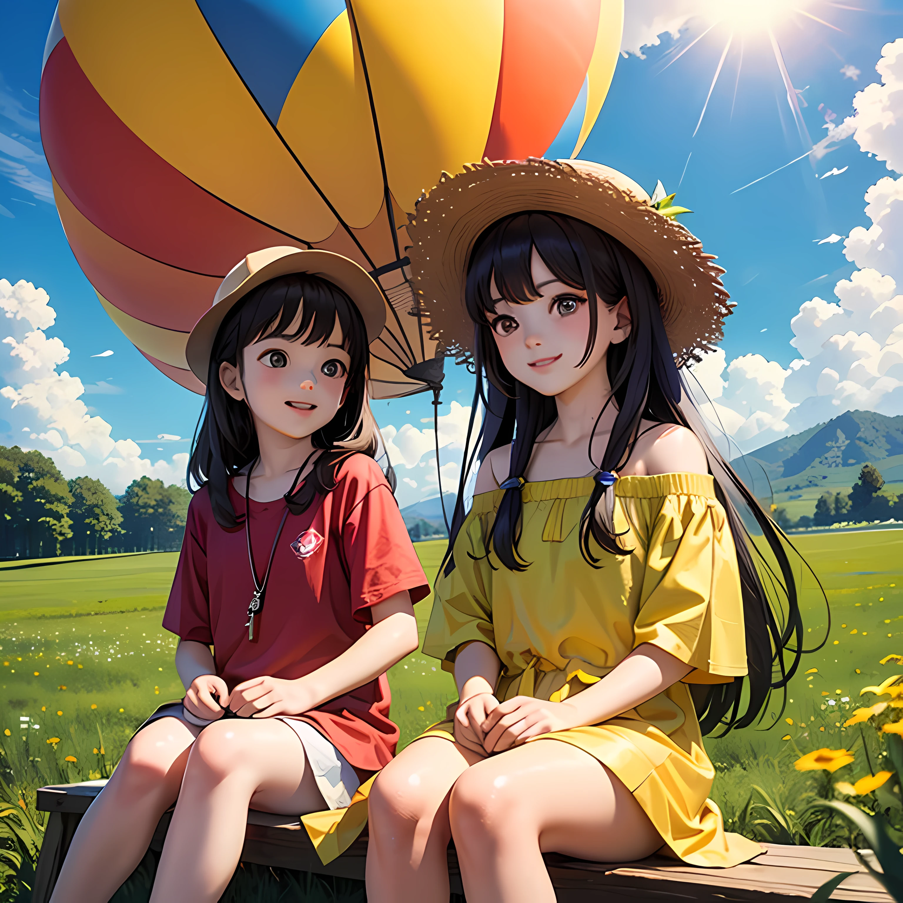 (Masterpiece, best ultra HD quality) Two  sitting in a hot air balloon flying in the sky, smiling, fine facial features, sun, clear blue sky and white clouds, rainbow, meadow, summer - ultra HD quality --auto