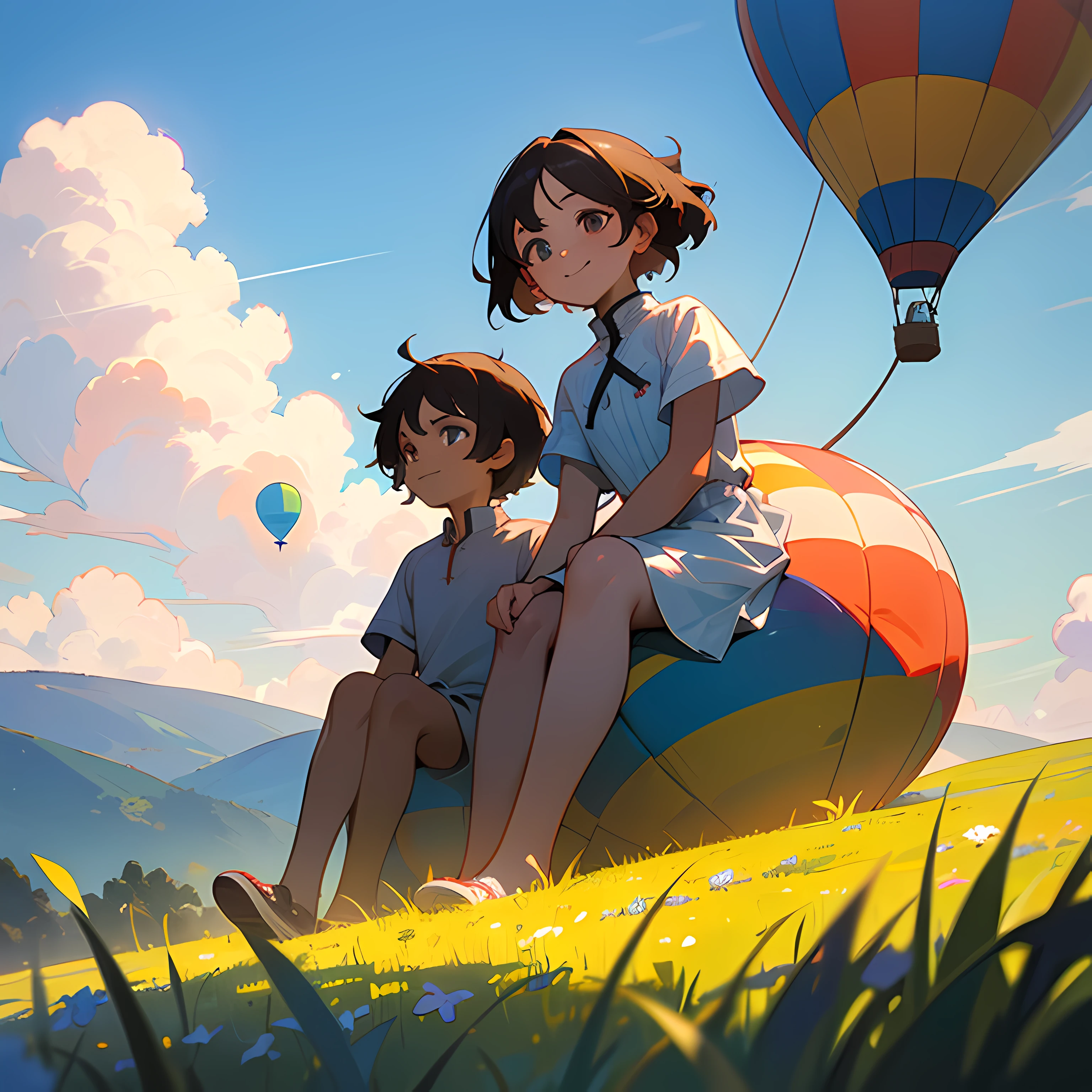 (Masterpiece, best ultra HD quality) Two children sitting in a hot air balloon flying in the sky, smiling, fine facial features, sun, clear blue sky and white clouds, rainbow, meadow, summer - ultra HD quality --auto