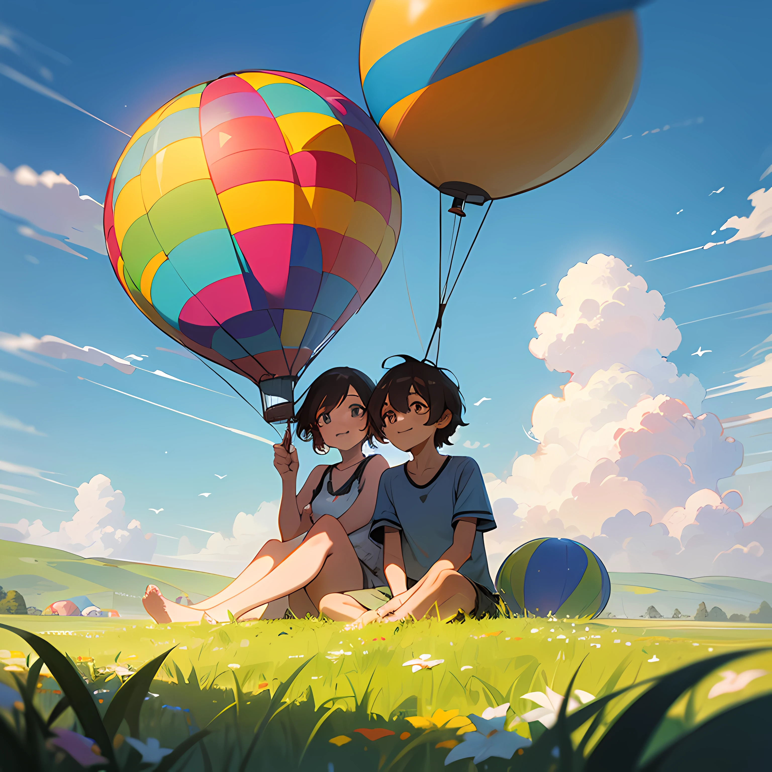 (Masterpiece, best ultra HD quality) Two sitting in a hot air balloon flying in the sky, smiling, fine facial features, sun, clear blue sky and white clouds, rainbow, meadow, summer - ultra HD quality --auto