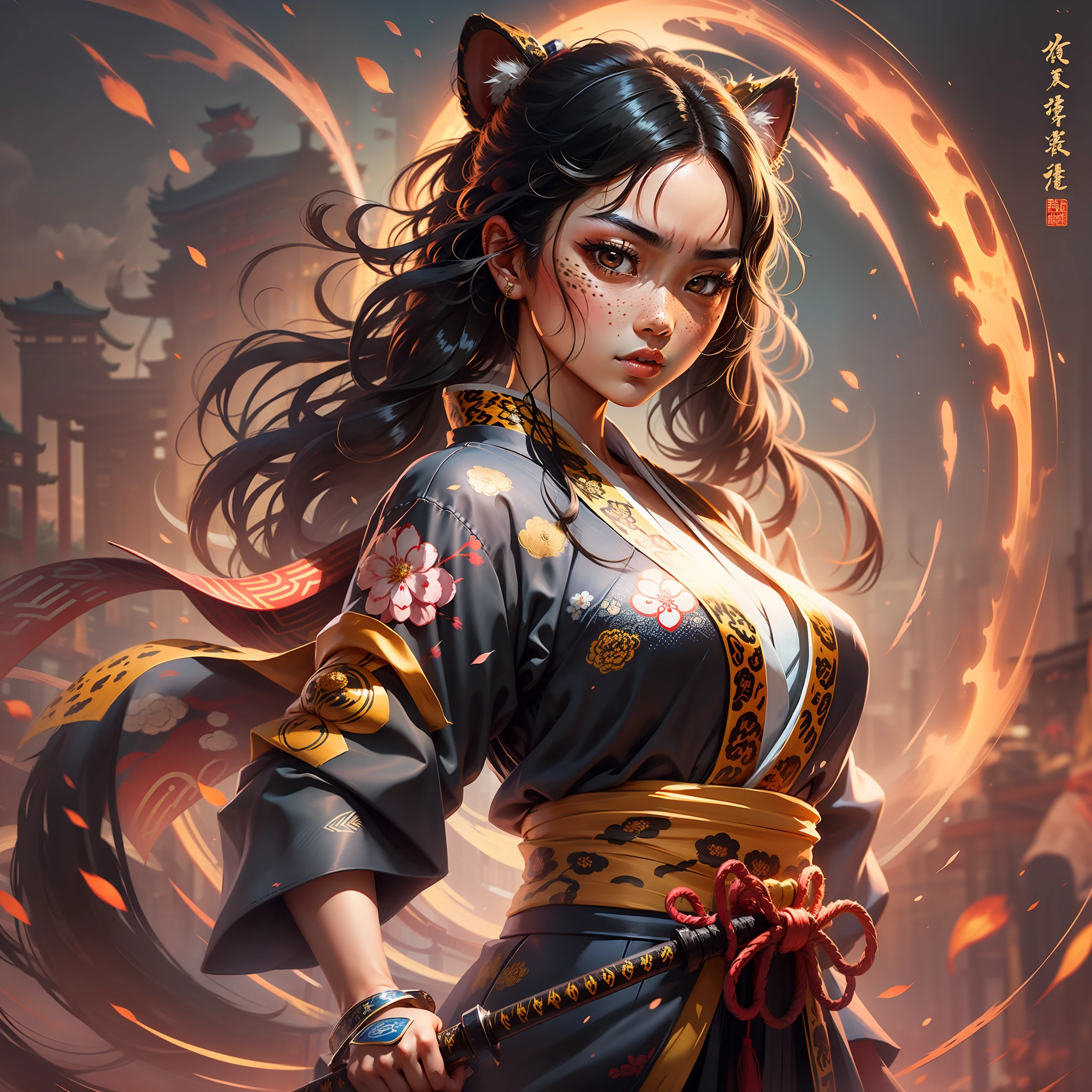 A Japanese girl with wavy black hair with freckles and brown eyes, Japanese and Chinese details all around, she is wearing traditional black and yellow Japanese clothes like a ninja, she has leopard features on her face, katana sword on her back, superhero pose