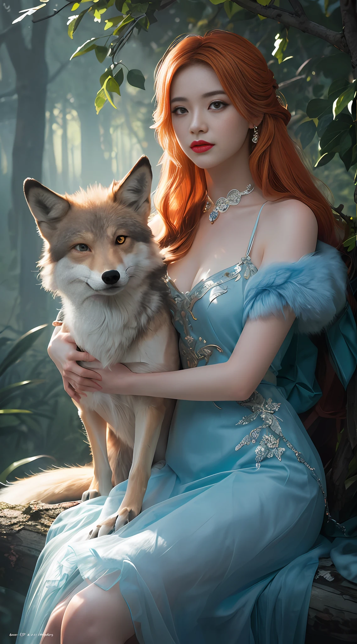 For, masterpiece, beautiful details, colorful, delicate details, complex details, real, ultra realistic, a girl with orange hair sitting on a branch: 1.1, sexy, wolves behind, seducer, ethereal fox, nine-tailed fox, three wolves, beautiful art illustration, mythical creatures, wolves, beautiful digital art, exquisite digital illustration, inspired by wildnet mythical creatures, digital art, bright light,  high contrast, comedy movie theme, dark atmosphere