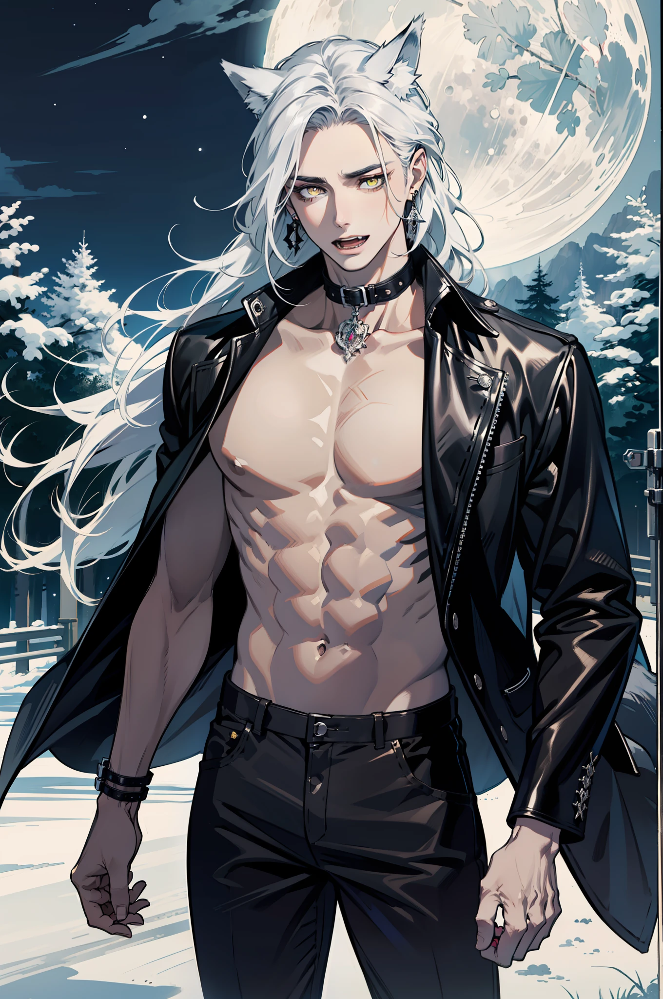 (absurdres, highres, ultra detailed), 1man, adult, handsome, tall,, finely detailed eyes and detailed face, black leather pants, no shirt, open , night, smile, dutch angle, ((long white hair)), (((wolf ears))), wolf white tail, moon, forest, black horns in his head, silver details, earrings, black chocker, gothic, dark, black simple dress, looking at the view, pale skin, yellow detailed eyes, eyeliner, dog collar, (((open ))), leather jacket, intense eyes, ((((open mouth))))