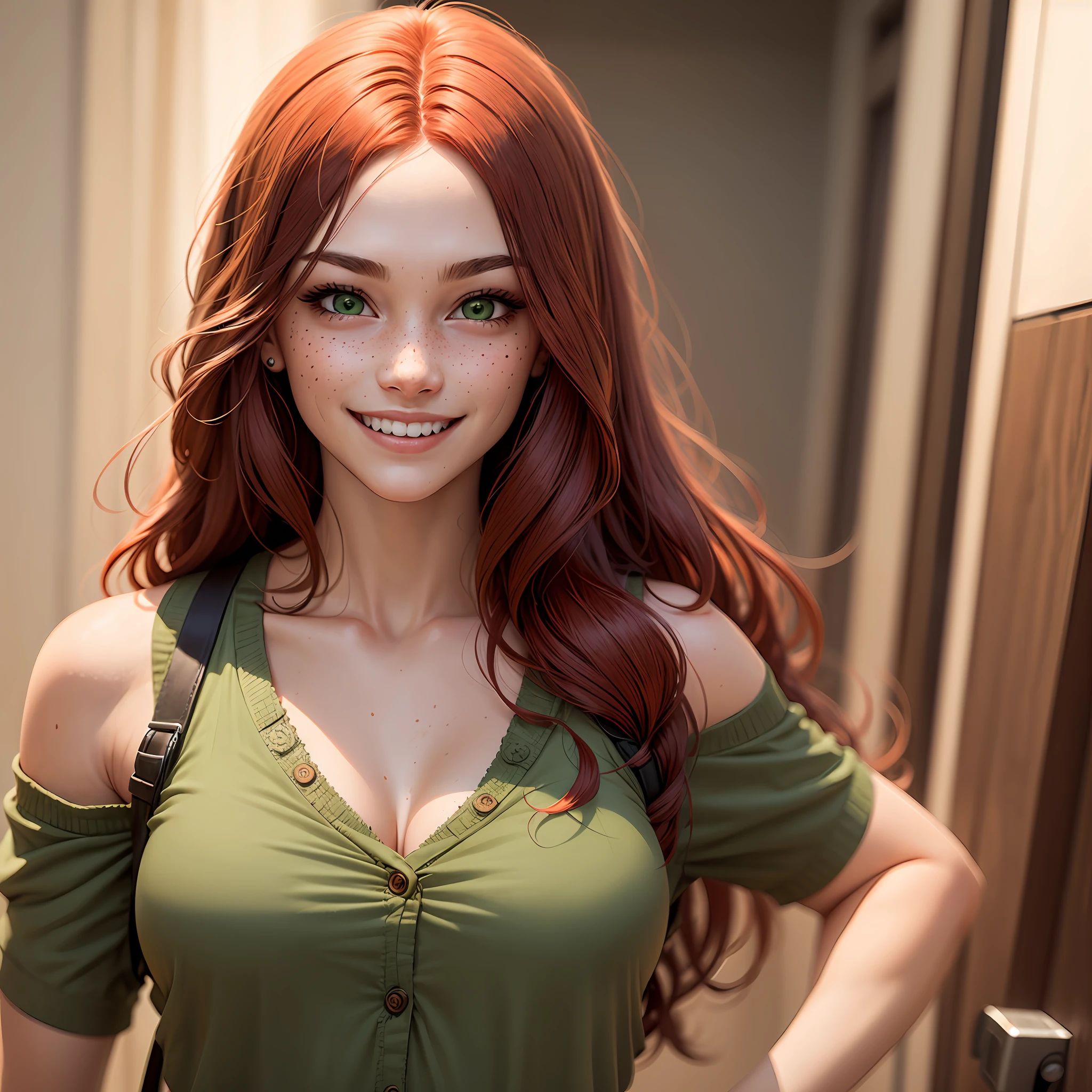 Girl with long red hair smiling, she has freckles and apparent canine teeth, big canine teeth, green eyes, hyper detailed, realistic --auto