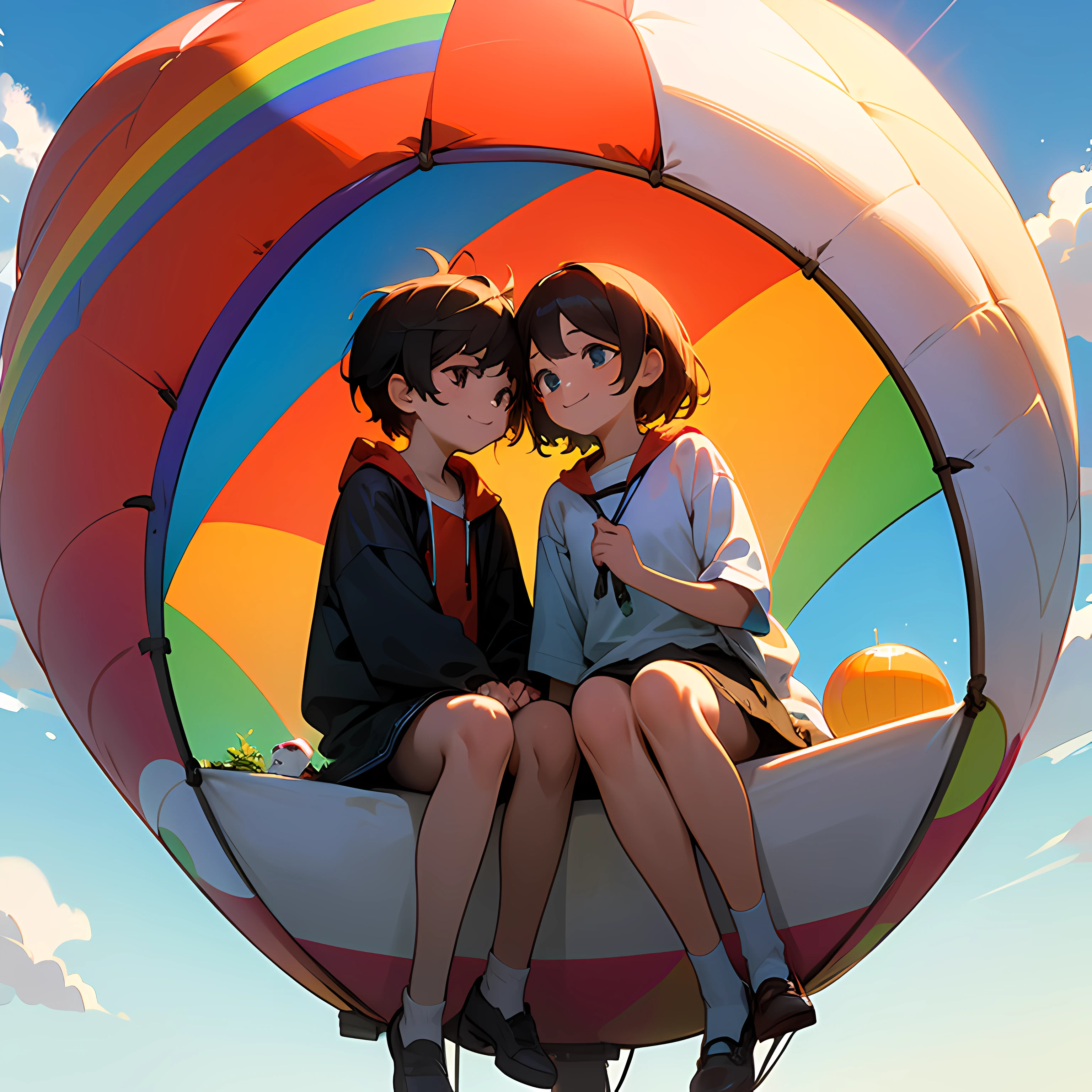 (Masterpiece, best ultra HD quality) Two children sitting in a hot air balloon flying in the sky, smiling, fine facial features, sun, clear blue sky and white clouds, rainbow, meadow, summer - ultra HD quality --auto