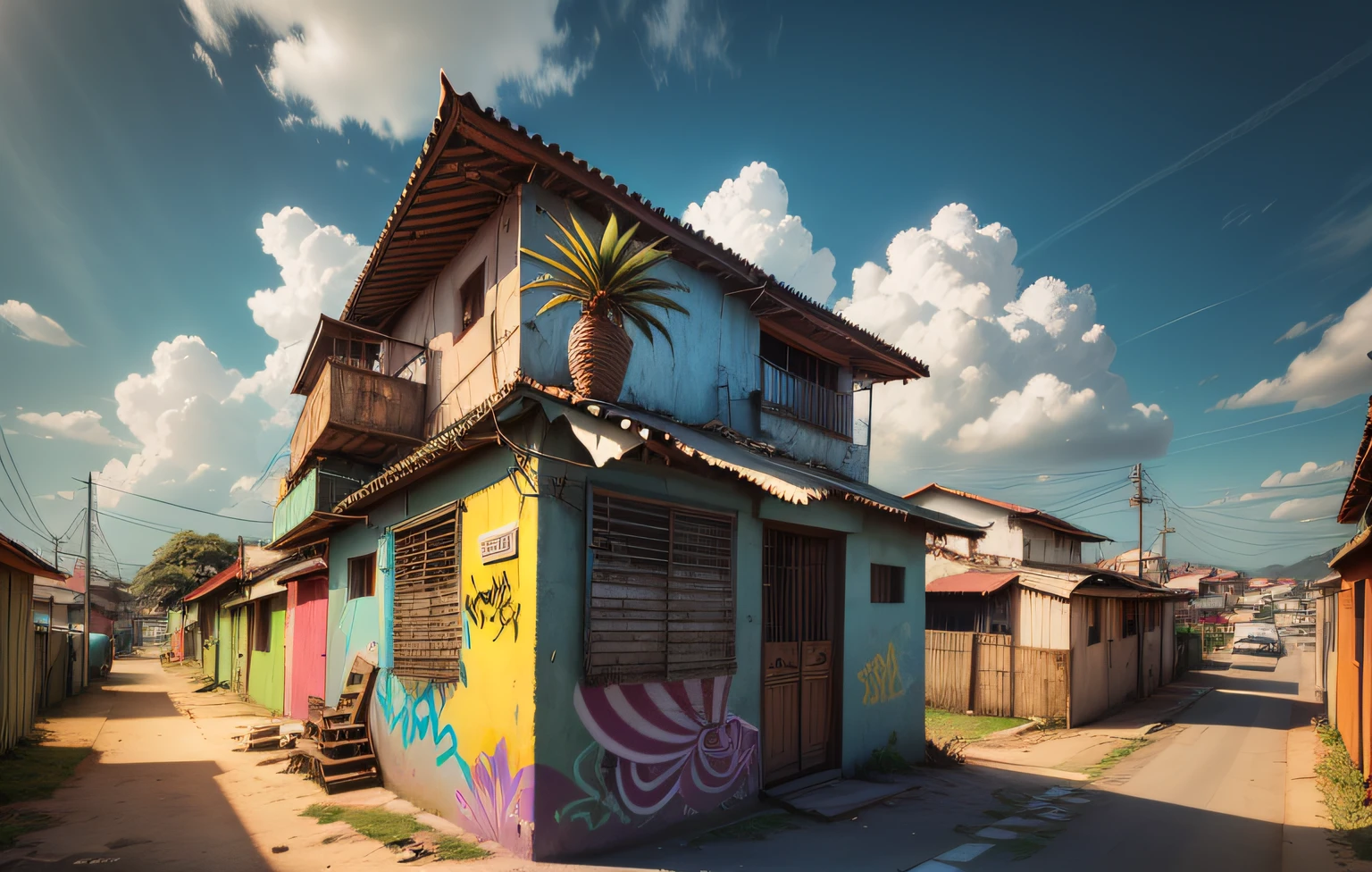 Masterpiece, best quality, toon, 3D, favela morro, low angle. Beautiful daytime sky, summer vibes, Brazil. Brazilianness. graffiti, art, nature, fruit seller.