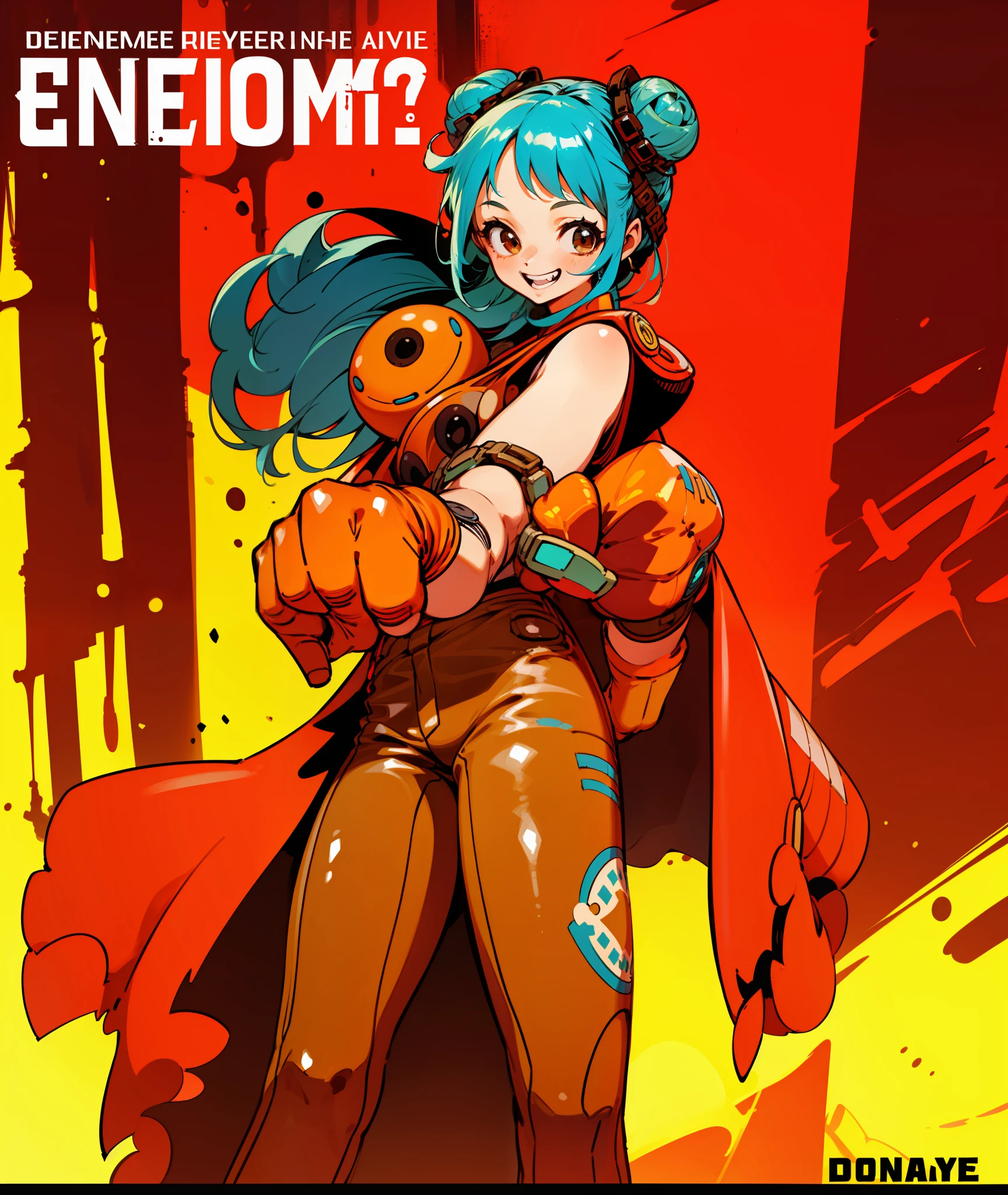 1girl, blue hair, long hair, hair in buns, brown clothes, brown eyes, goggles, brown gloves, confident, energetic, engineer, cute, happy, face shot