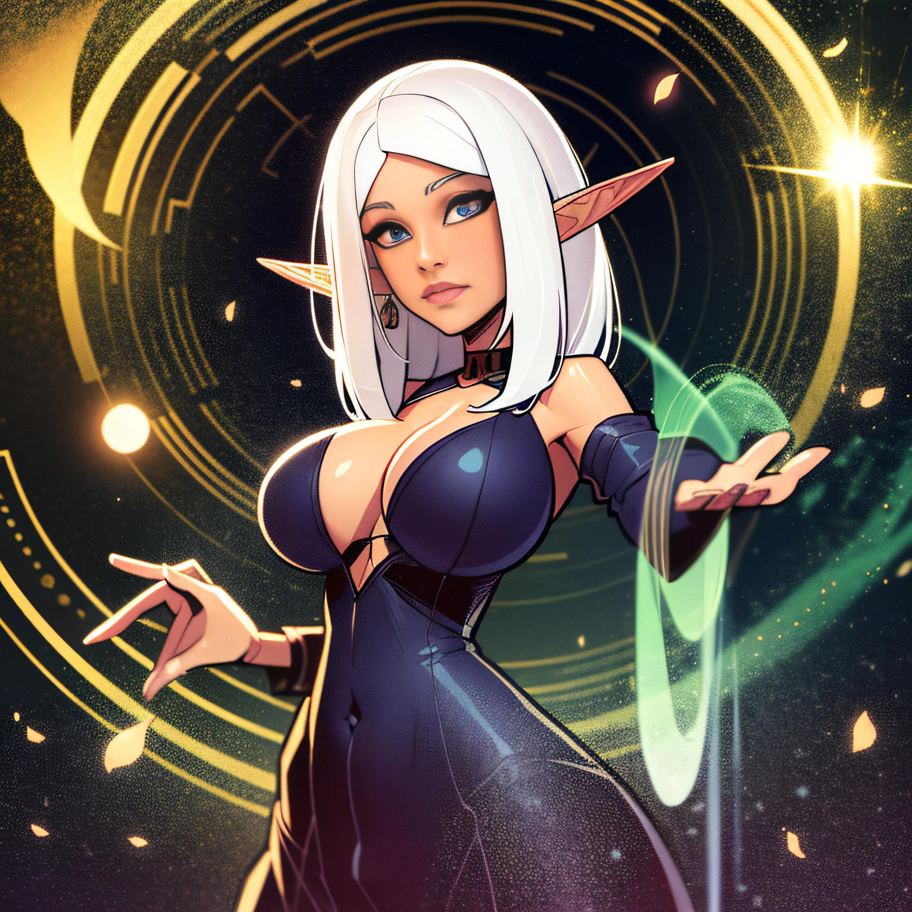 better quality, masterpiece, upper body,
(adult:1.6) elf woman, busty (smirk:0.4), arm behind her head,
short white hair,
magician,
floating light particles, centered,