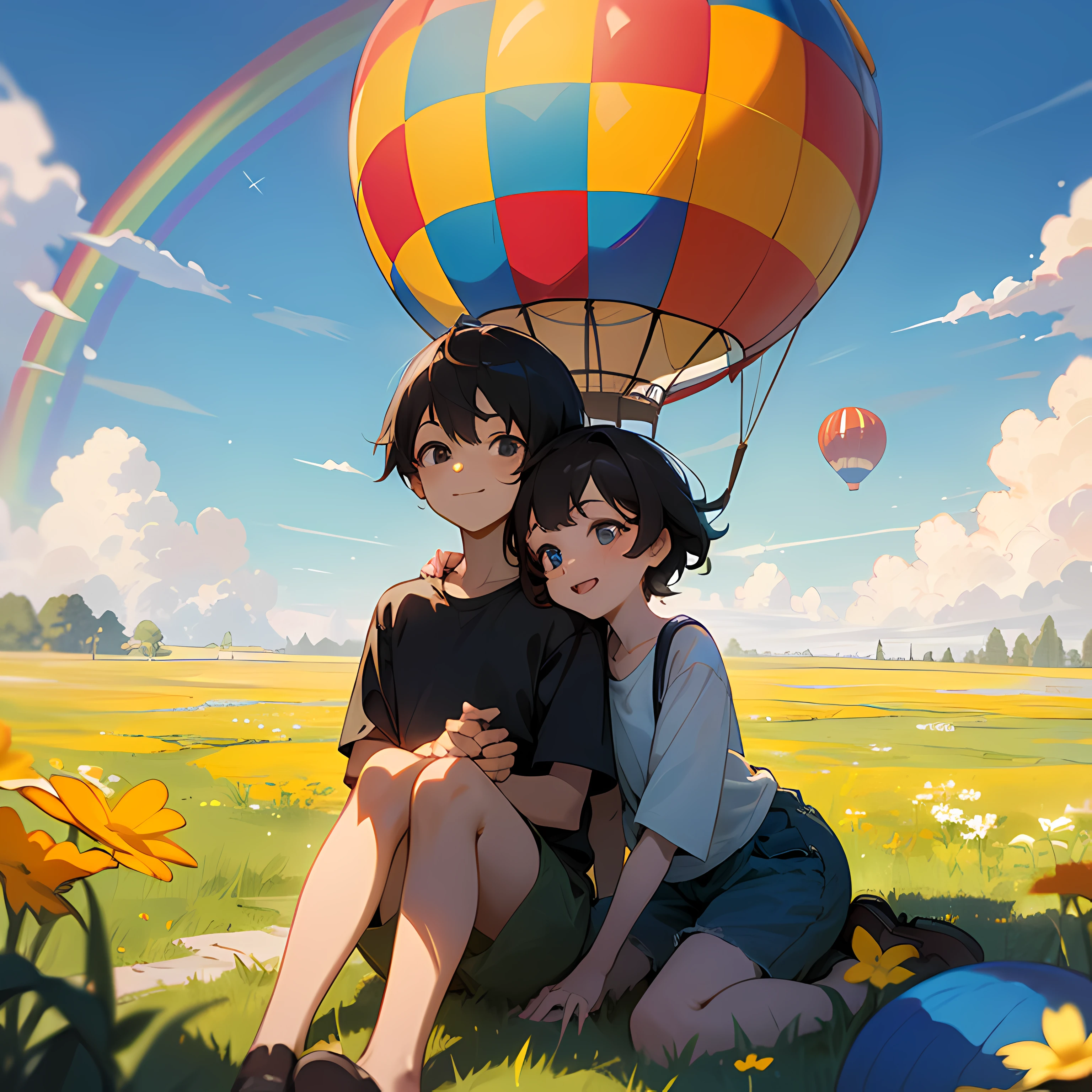 (Masterpiece, best ultra HD quality) Two sitting in a hot air balloon flying in the sky, smiling, fine facial features, sun, clear blue sky and white clouds, rainbow, meadow, summer - ultra HD quality --auto