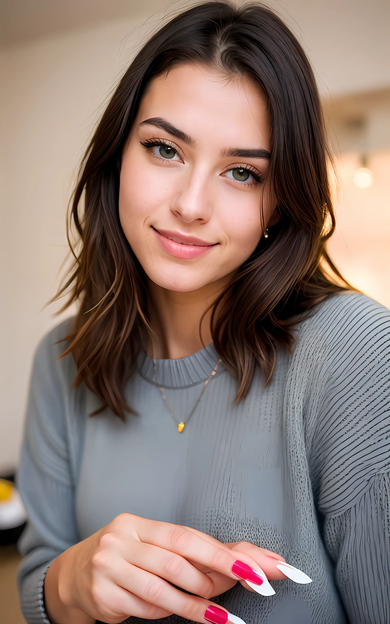 beautiful brunette wearing light beige sweater (taking care of nails in a modern beauty salon), very detailed, 21 years old, innocent face, natural wavy hair, blue eyes, high resolution, masterpiece, best quality, intricate details, highly detailed, sharp focus, detailed skin, realistic skin texture, texture, detailed eyes, professional, 4k, charming smile, shot on Canon, 85mm, shallow depth of field, kodak vision color, perfect fit body, extremely detailed, foto_\(ultra\), photorealistic, realistic, post-processing, maximum detail, roughness, real life, ultra realistic, photorealism, photography, 8k uhd, photography
