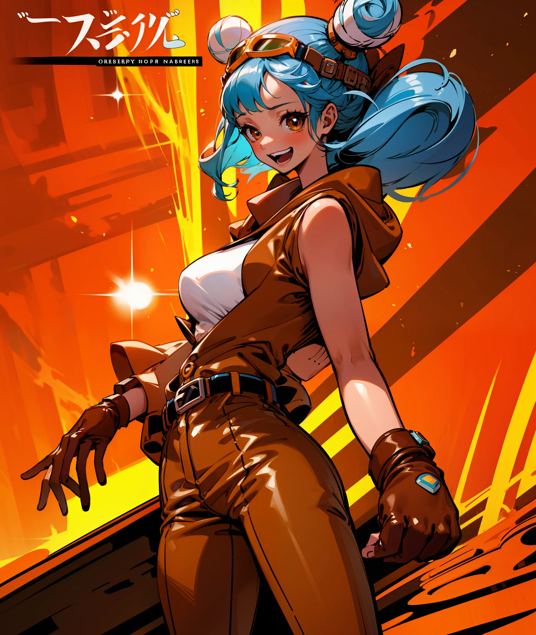 1girl, blue hair, long hair, hair in buns, brown clothes, brown eyes, goggles, brown gloves, confident, energetic, engineer, cute, happy, face shot