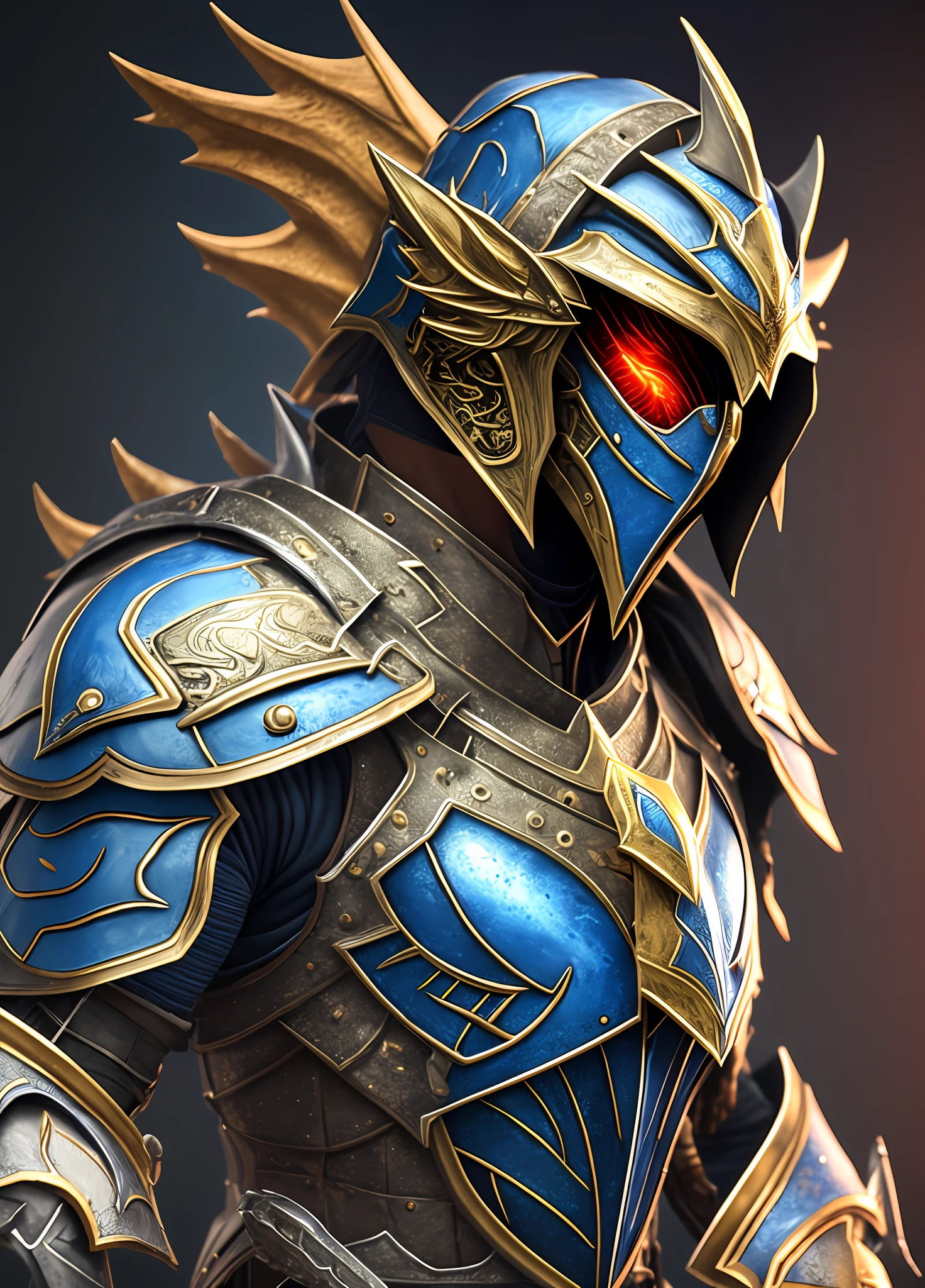 a close up of a person in a blue and gold armor, dragon inspired blue armor, blue armor, detailed fantasy armor, fantasy armor, dragon knight, hyperdetailed fantasy character, fantasy warrior in full armor, eso armor, armored warrior, unreal engine character art, 3 d render character art 8 k, armoured warrior, black fire color reflected armor