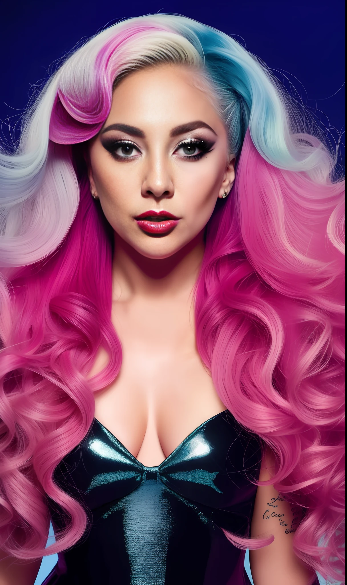 Photo of lady gaga dressed with mermaid nogr print,4K texture, long hair, high quality, extravagant hairstyle, original album cover, 8k image, futuristic, high image quality, at night, hair accessories, 8k image, realistic face in high quality, full body, different body poses, high quality face, defined features,HD