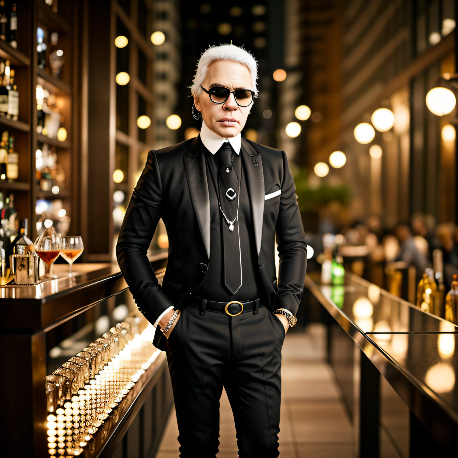 Karl Lagerfeld, standing with a hand on a cocktail bar, wide full body portrait, wearing an elegant and sophisticated single button suit, gold jewelry, and extreme glasses, Manhattan rooftop cocktail bar background, soft studio lighting, Goerz Hyperon 6.5mm f/8, photorealistic.